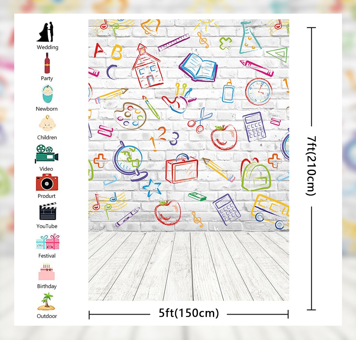 Telón de fondo para el regreso a clases, pared de ladrillo blanco, lápices pintados a mano, fondo para fotografía, cumpleaños, aula, escuela, decoración de fondo (150 x 210 cm)