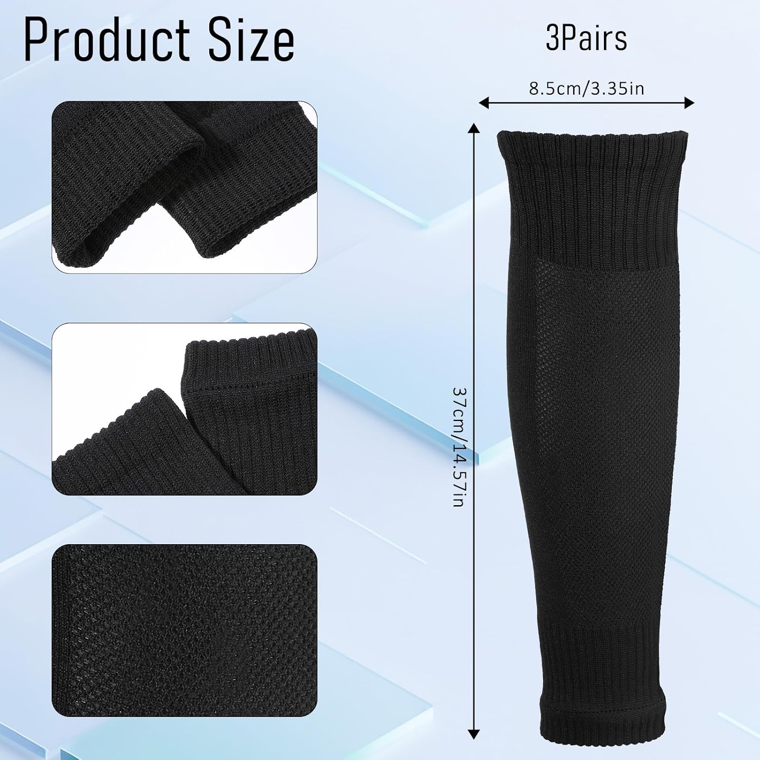 3 Pair Pre-Cut Soccer Socks, Black Precut Soccer Sleeves Socks, Elastic Football Precut Leg Sleeves, Grip Football Sock for Men Sports