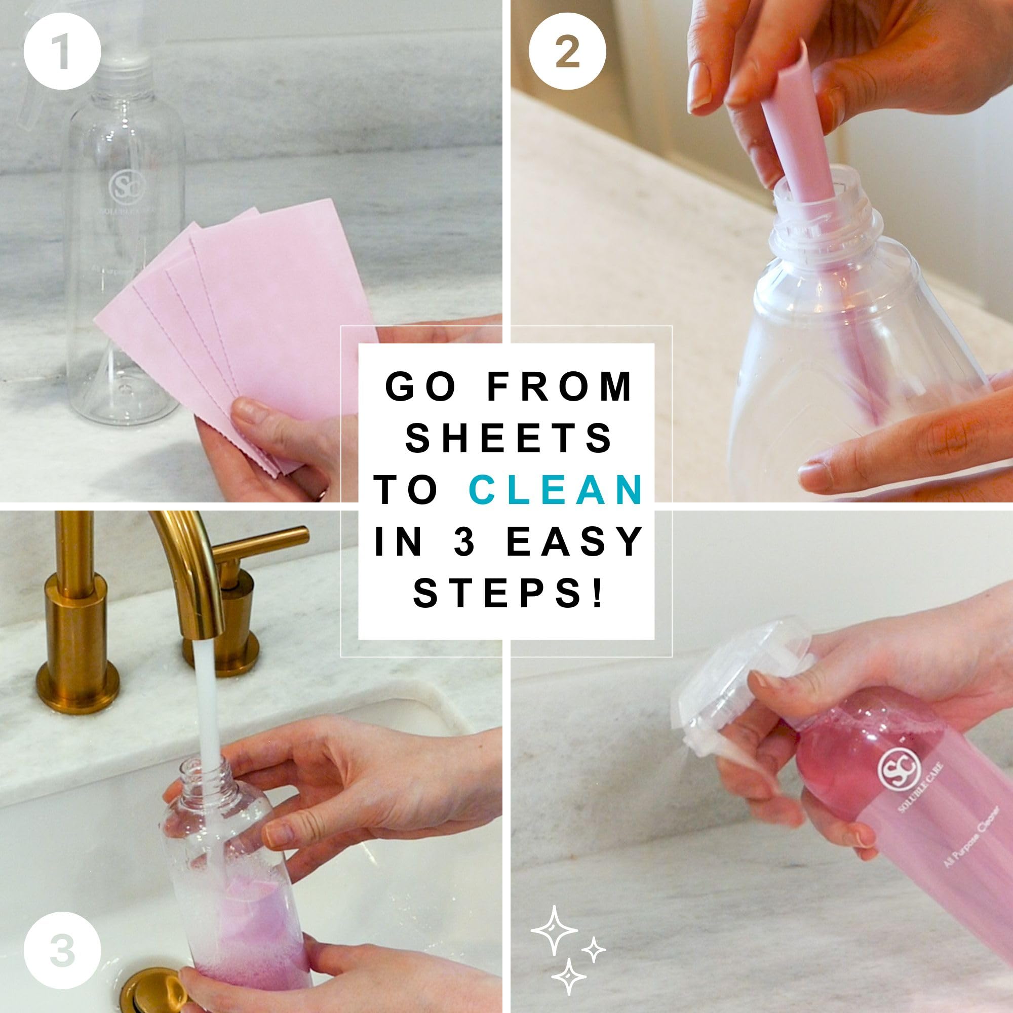 Soluble Care: All-Purpose Cleaner Starter Kit (Multi-Surface, Dissolvable, Sustainable & Earth-Friendly Sheets) – Includes Reusable Spray Bottle + 16 Refills – Fresh Lemon Scent