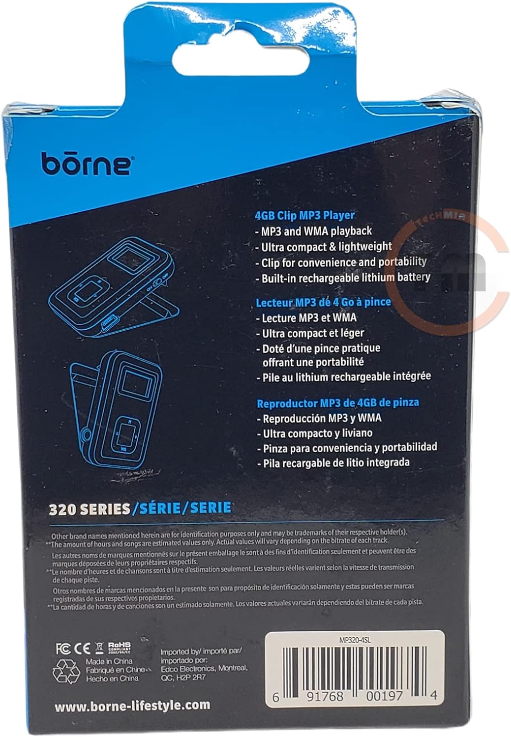 Back of Borne Pulse Clip MP3 Player packaging detailing features