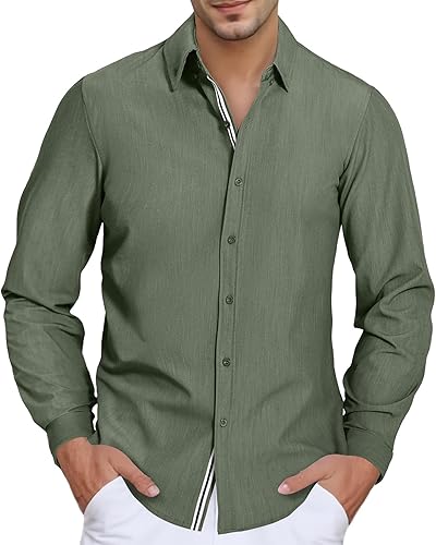 Hrbtens Men's Stretch Denim Dress Shirt Long Sleeve Casual Button Down Everyday Shirts Fall Winter Wedding Shirts Green