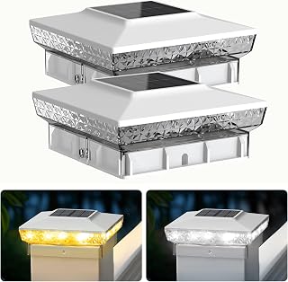 Solar Post Cap Lights, 2 Pack Upgraded Outdoor Deck Fence Post Solar Lights for 4x4 5x5 Wood/Vinyl Posts, IP65 Waterproof, 10-12 Hours Warm/Cool White Glow for Garden/Patio/Porch - White