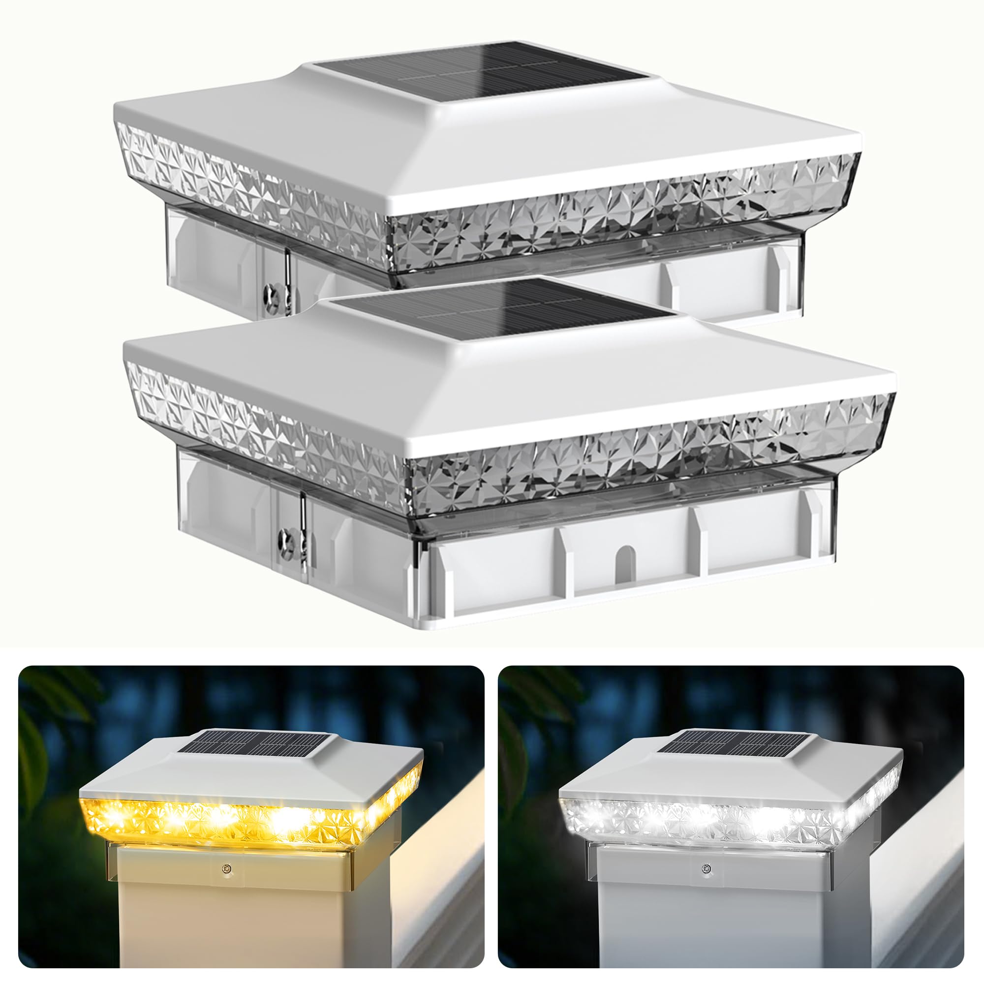 KEILAIMO Solar Post Cap Lights, 2 Pack Upgraded Outdoor Deck Fence Post Solar Lights for 4x4 5x5 Wood/Vinyl Posts, IP65 Waterproof, 10-12 Hours Warm/Cool White Glow for Garden/Patio/Porch - White