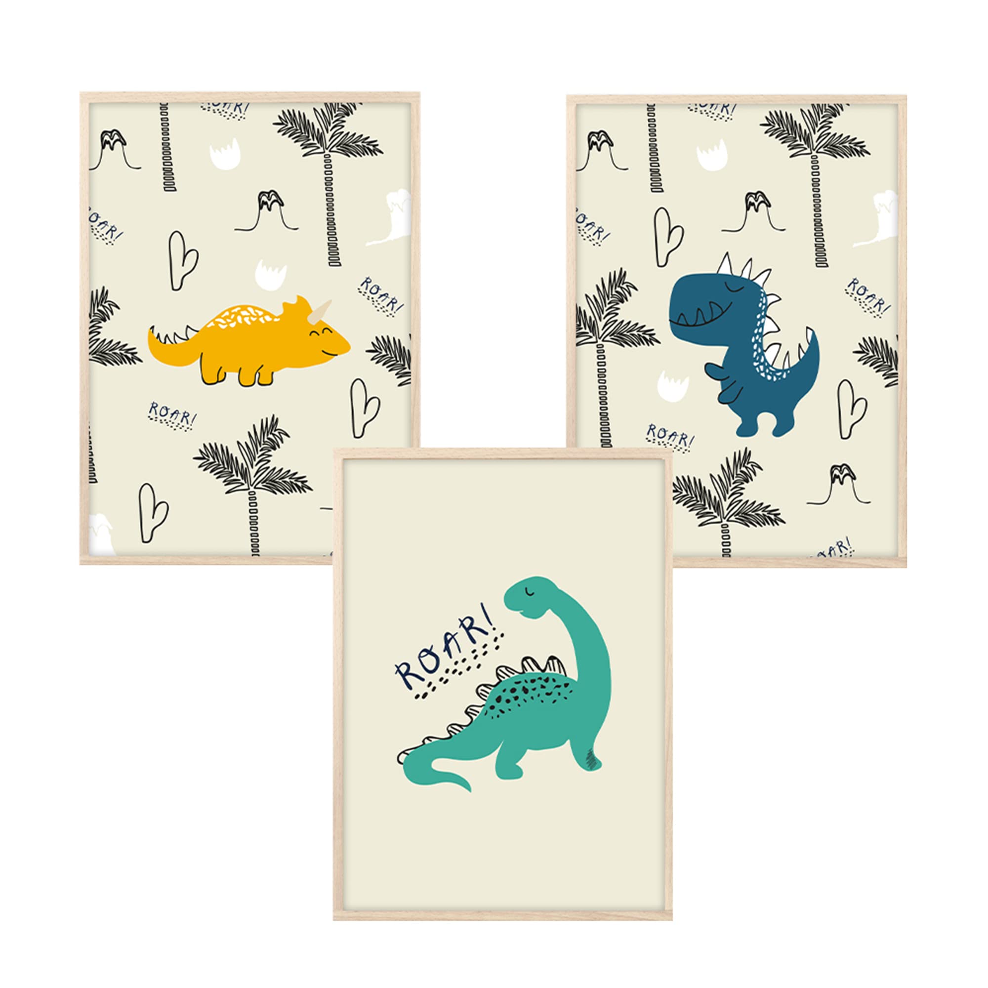 MeinBaby123 Póster de dinosaurio para habitación infantil, juego de 3 dinosaurios, DIN A4, imágenes para habitación infantil, imágenes decorativas de dinosaurio, decoración para habitación de bebé