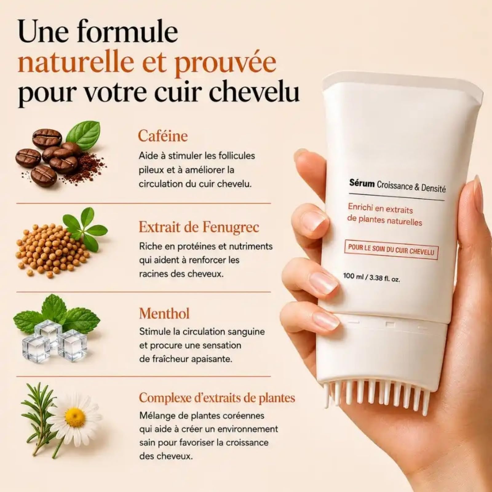 Kavira Serum Capillaire,Kavira Cheveux,Sérum Capillaire avec Brosse Applicatrice Intégrée,Hydratant et Nourrissant,Renforce les Cheveux,Améliore Volume et Densité,pour Hommes et Femmes
