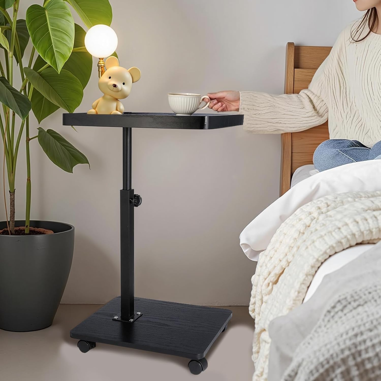 Gets Adjustable Height Sofa Tray Table for Couch,360°Swivel TV Tray for Small Spaces,C Table End Table with Wheels for Eating, Livingroom, Bedroom, Sofa-Black,15.8" X 11.8" X 31.5"