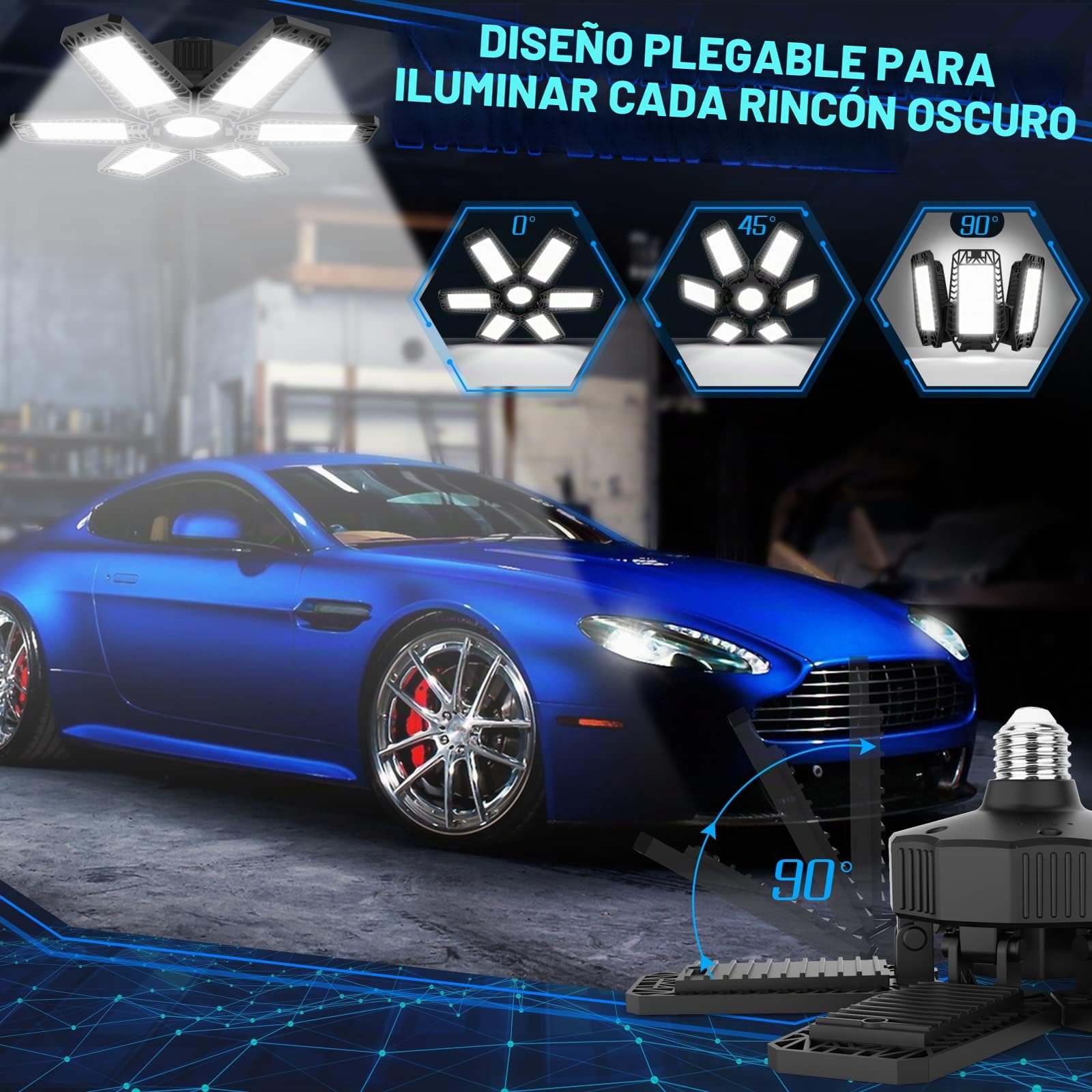 Focos LED Interior Techo 185W 18500LM Lámpara de Garaje 6 Piezas | 6500K Blanco Frío Luces Taller LED, Luz LED Techo con 6+1 paneles Ajustables, Lámpara Industrial Techo para Garaje Almacén