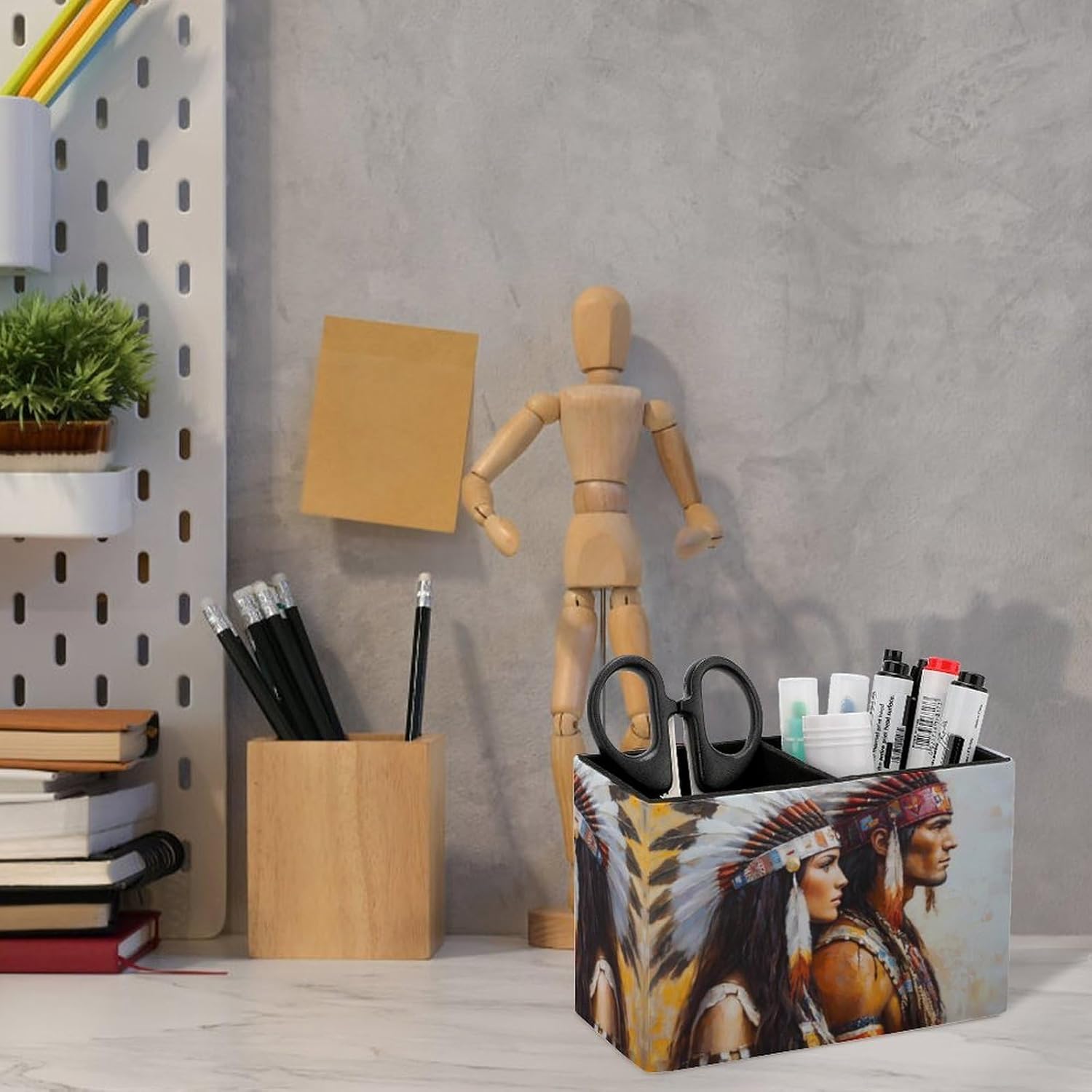 Native USA Indians Men Women Pencil Pen Holder PU Leather Desk Storage Organizer Makeup Brush Box
