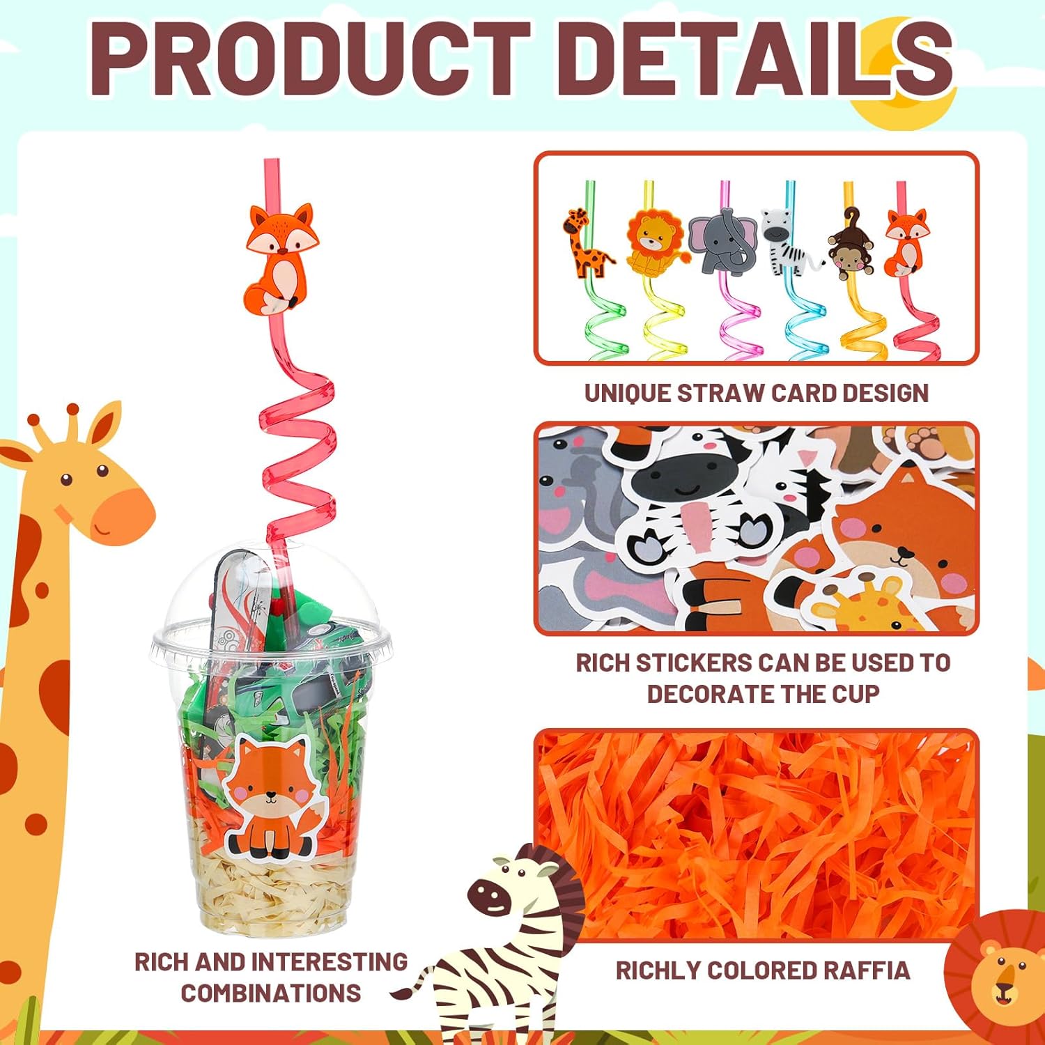 Qinyoung 99 Pcs 24 Sets Birthday Party Cup Favors with Lids Straws Sticker Paper Grass Filler Disposable Clear Cups for Holiday Return Gifts Birthday Party Supplies (Jungle Animals) - Image 3