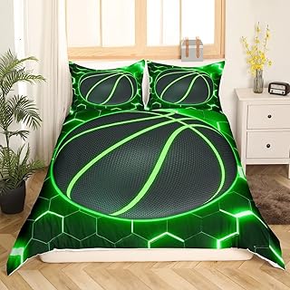 Basketball Print Bedding Sets Full Sport Comforter Cover for Kids Boys Girls,Ball Games Duvet Cover Sports Theme Quilt Cover,Green Neon Honeycomb Bedding Teens Modern Cool Design Room Decor 3Pcs