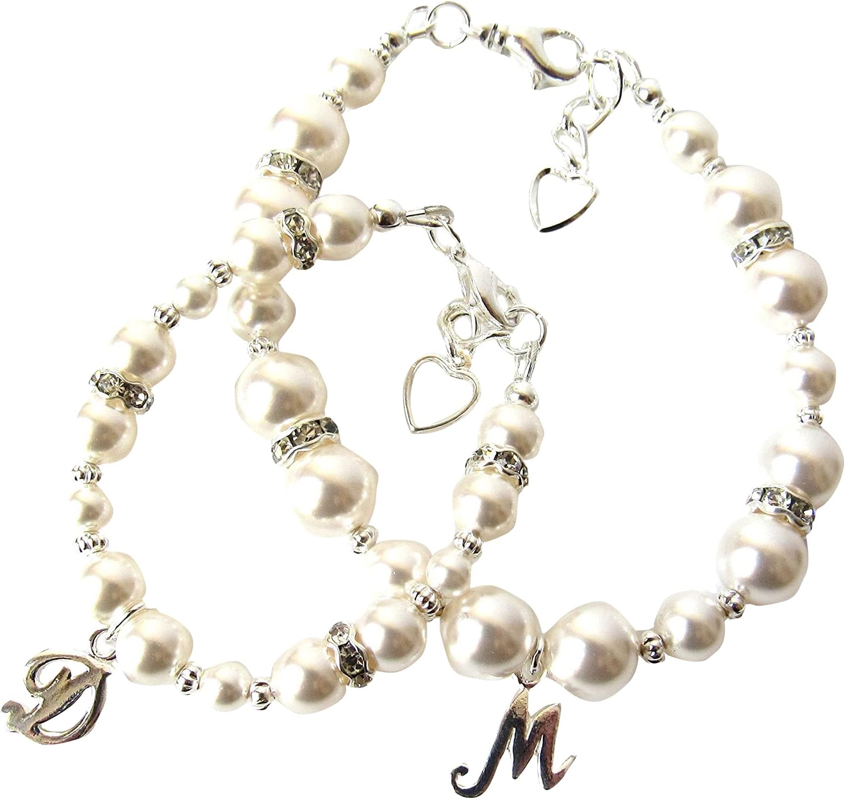 MelJoy Creations JewelryMother Daughter Bracelet Set of 2, Choice of Charms Sizes and Colors, Sterling Silver Initial Charm Bracelets, Matching Personalized Pearl Bracelets, Mother's Day Gift for Mom