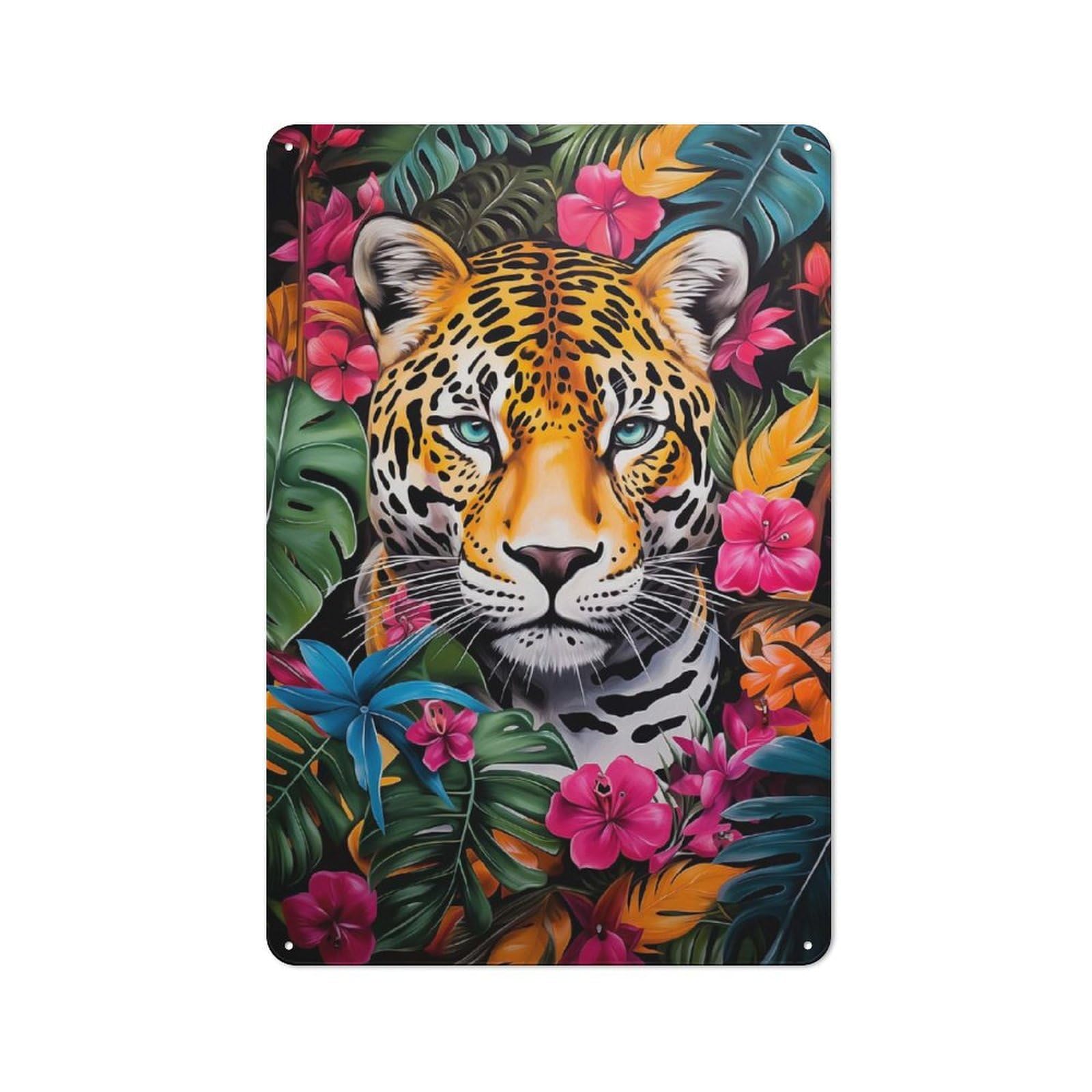 Jaguar in Jungle Bloom Metal Wall Sign 30x20cm, Rustic Decor for Garage Wall, for People Furnishing A Garage