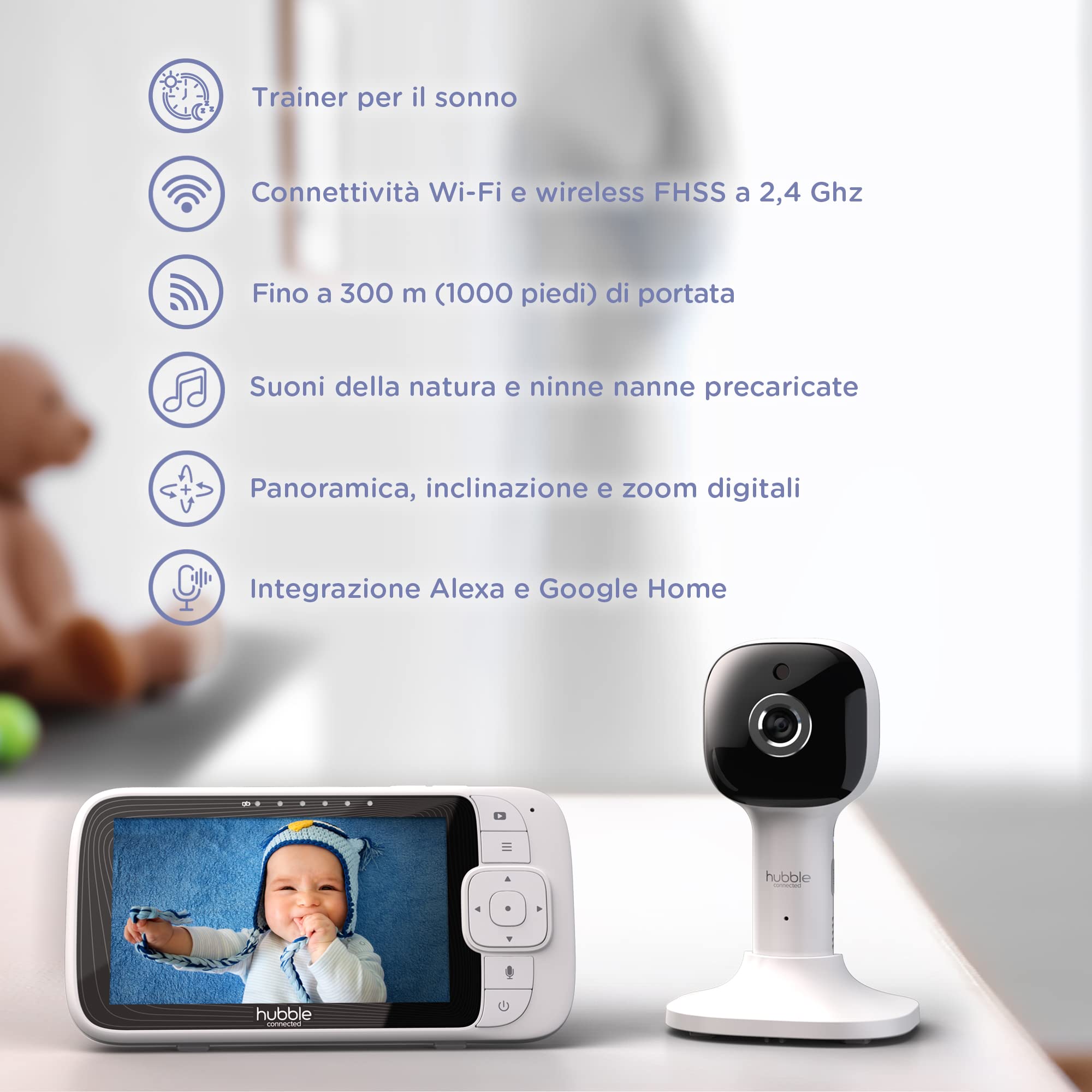 Hubble Connected Nursery Pal Cloud Baby Monitor Video e Audio, Schermo da 5 pollici, luce notturna, visione notturna, conversazione bidirezionale, sensore di temperatura ambiente e app per smartphone