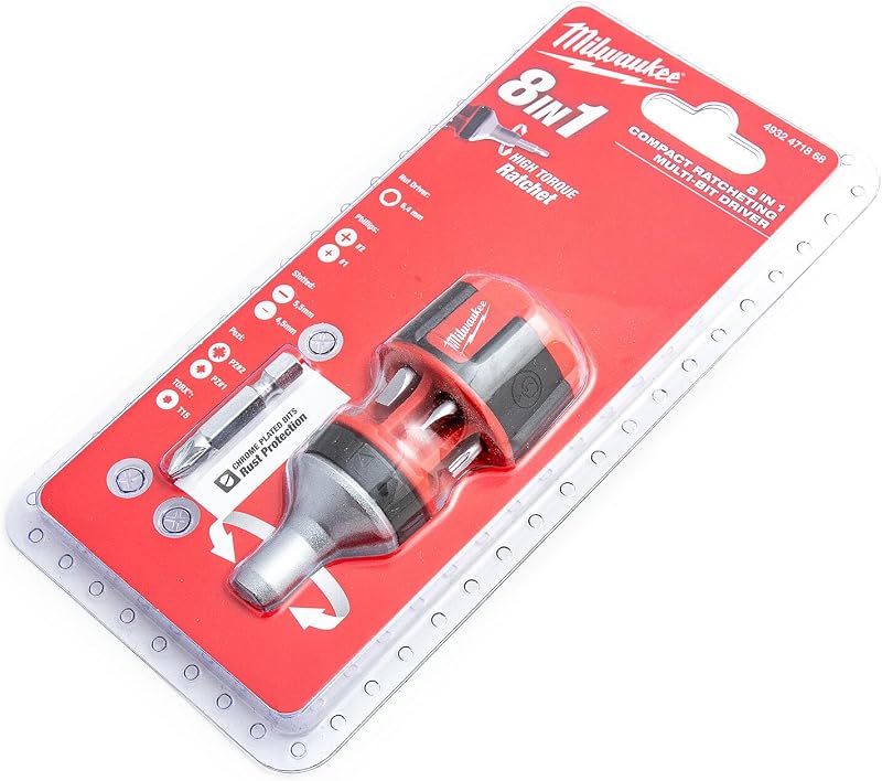 Milwaukee Compact Screwdriver with Ratchet Function, Ratchet Including bits, Torque Ratchet 8 in 1