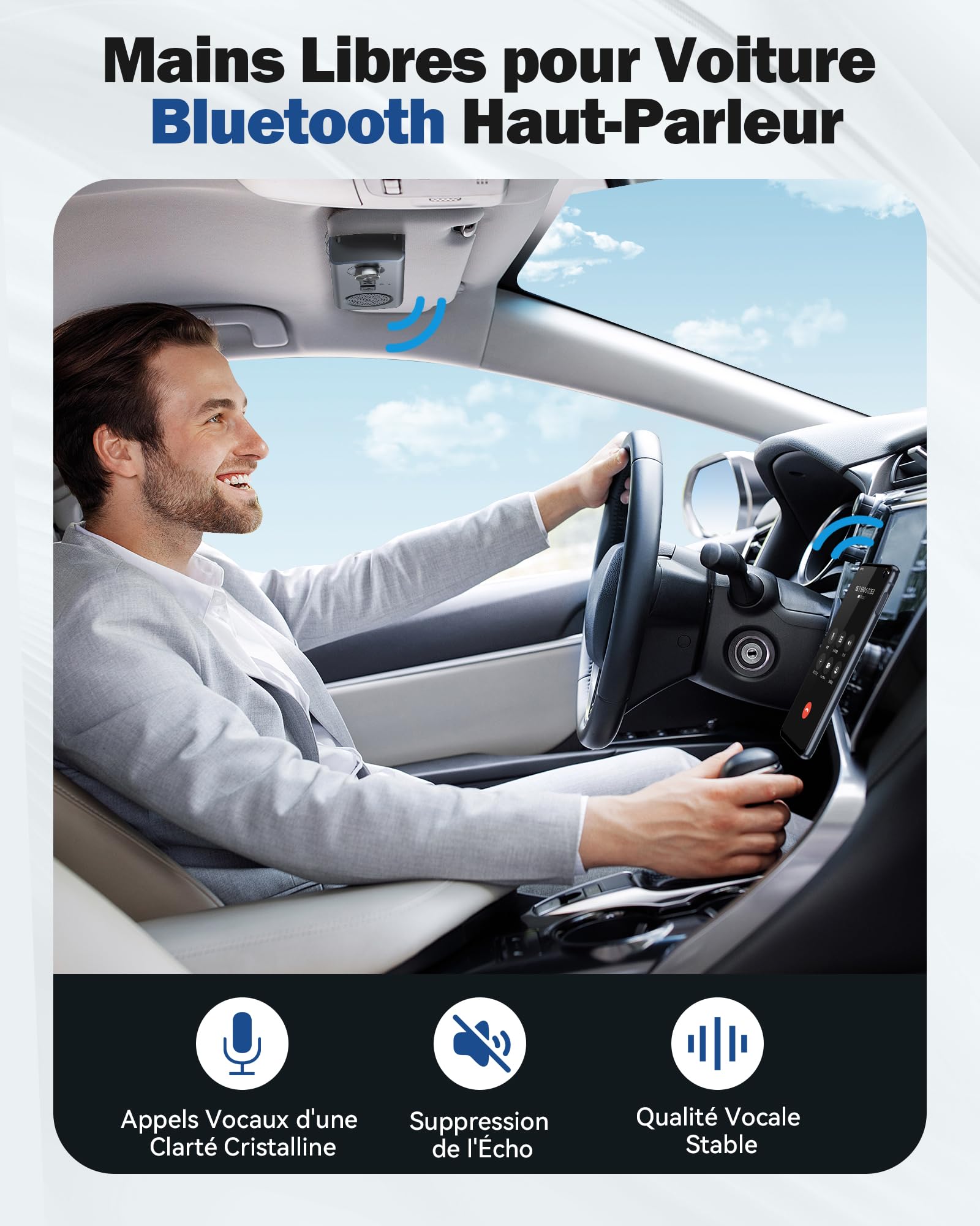 AGPTEK Kit Main Libre Voiture Bluetooth 5.3, GPS Haut-Parleur Micro Musique avec Bouton de Volume Assistant Siri&Google Auto Reconnexion, Enceinte Voiture Pare-Soleil 800mAh Slot Carte TF