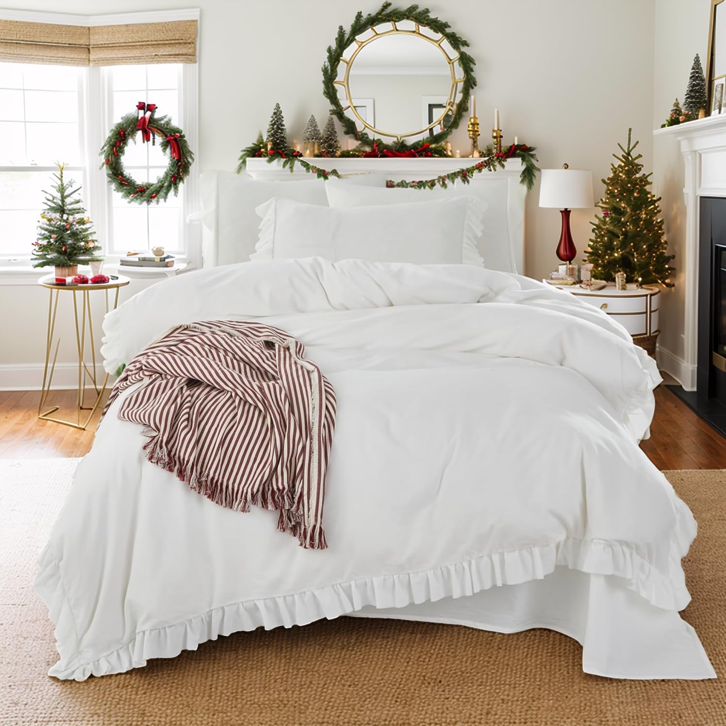 Brandream Duvet Cover Set Full/Queen Size 100% Washed Cotton Linen Feel Super Soft Comfortable Chic Lightweight 3 PCs Home Ruffled Fringe Minimalist Bedding Set Solid White