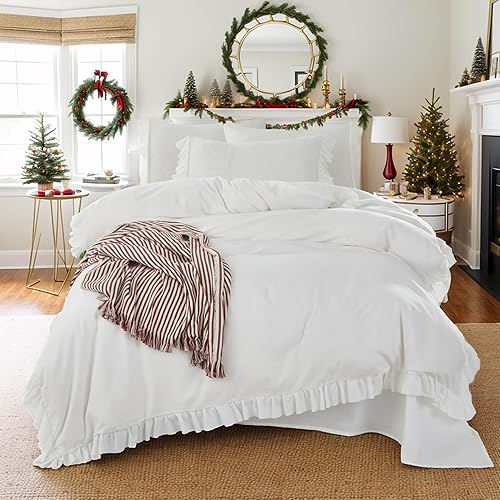 Brandream Juego de funda de edredón tamaño matrimonial/queen, 100% algodón lavado, tacto súper suave, cómodo, elegante, ligero, 3 piezas, con