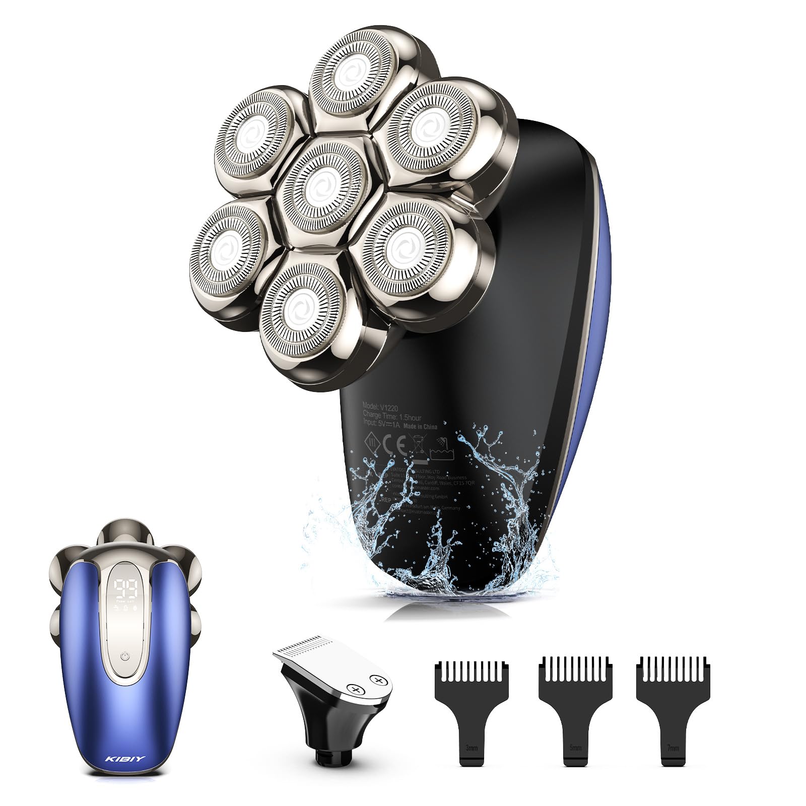 Rasoio Testa Calva, Kibiy rasoio magnetico 7D migliorato di, rasoio impermeabile IPX7 per la testa calva, rasoio per la testa con display a LED, Ricarica veloce Type-C, Rasa capelli uomo a zero