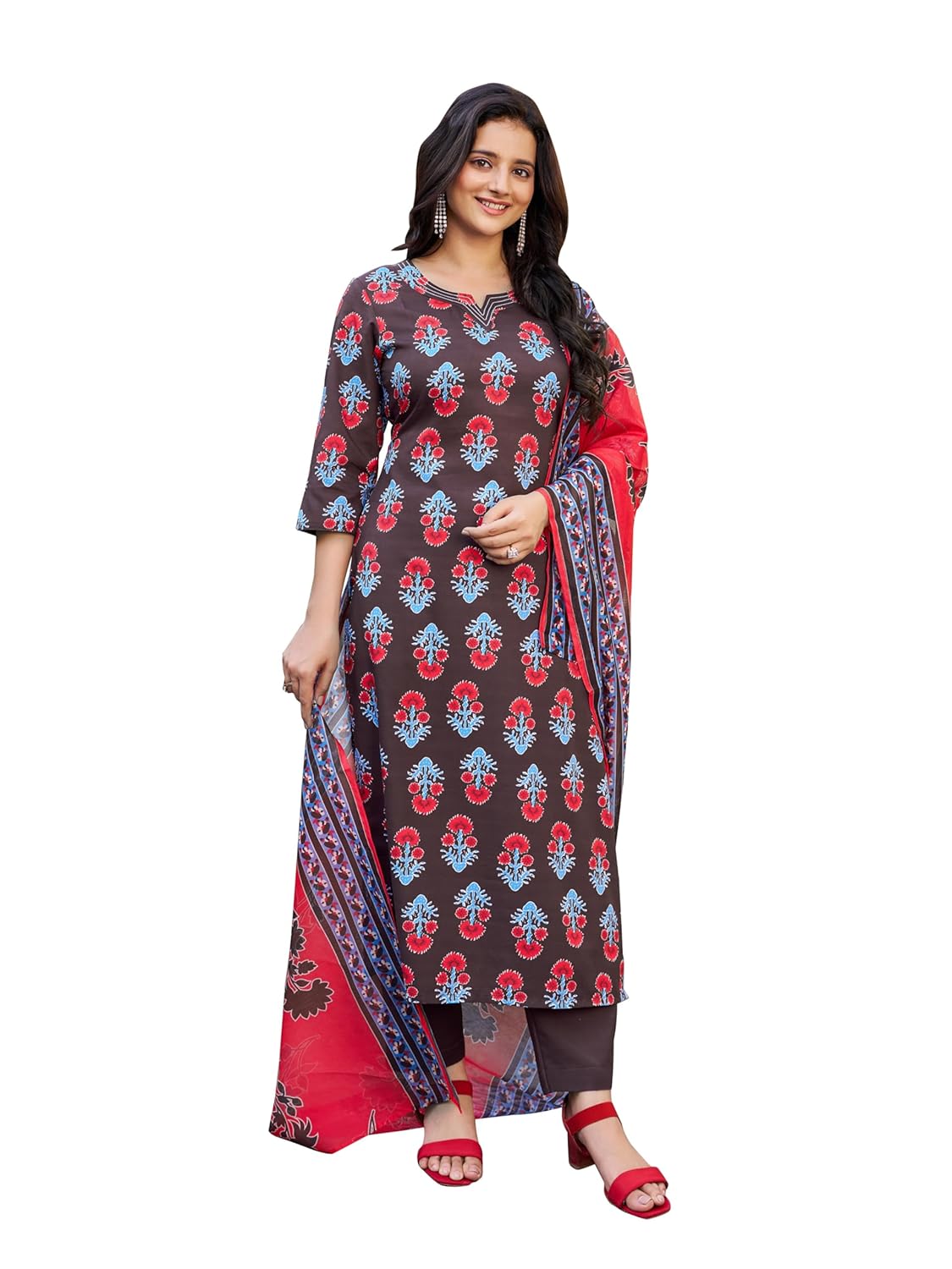VIBE VISION Women’s Cotton Blend Regular Fit Straight Printed Kurta, Pant & Dupatta Set with Elegant Design for Weddings, Parties, Festivals, Family Functions, Casual Outings (Brown) VIBE VISION Women’s Cotton Blend Regular Fit Straight Printed Kurta, Pant & Dupatta Set with Elegant Design for Weddings, Parties, Festivals, Family Functions, Casual Outings (Brown)