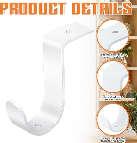 Vista 33 de Hicarer 2 soportes de barra de armario de metal resistente para montaje en pared con tornillos, soporte de poste de armario para sala de estar