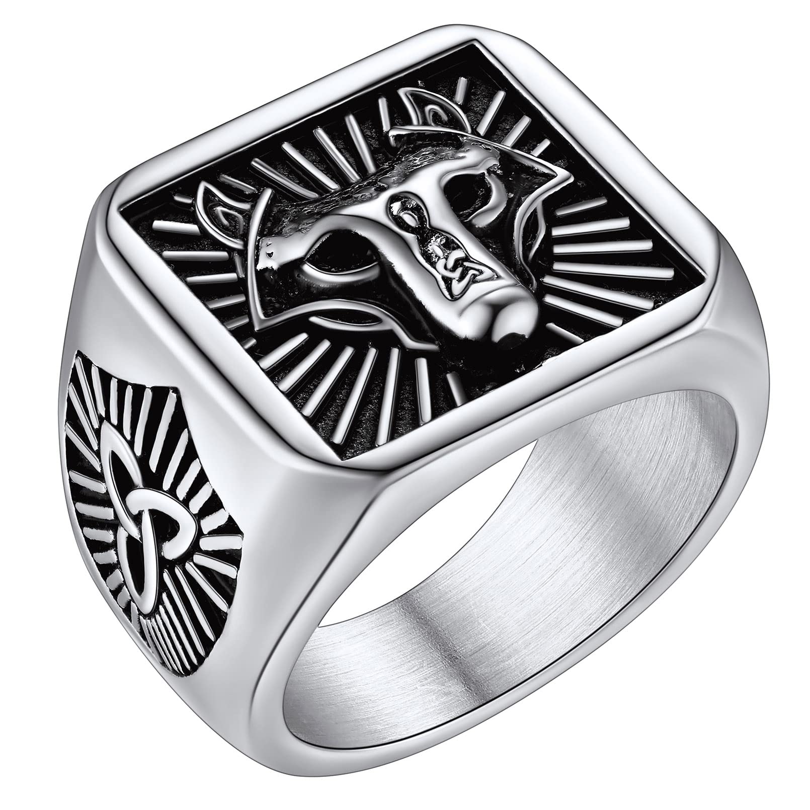 FaithHeart Anillo Hombre Nórdico Cabeza de Lobo Anillo Hip Hop Acero Inoxidable 316L Joyería Religiosa de Protección