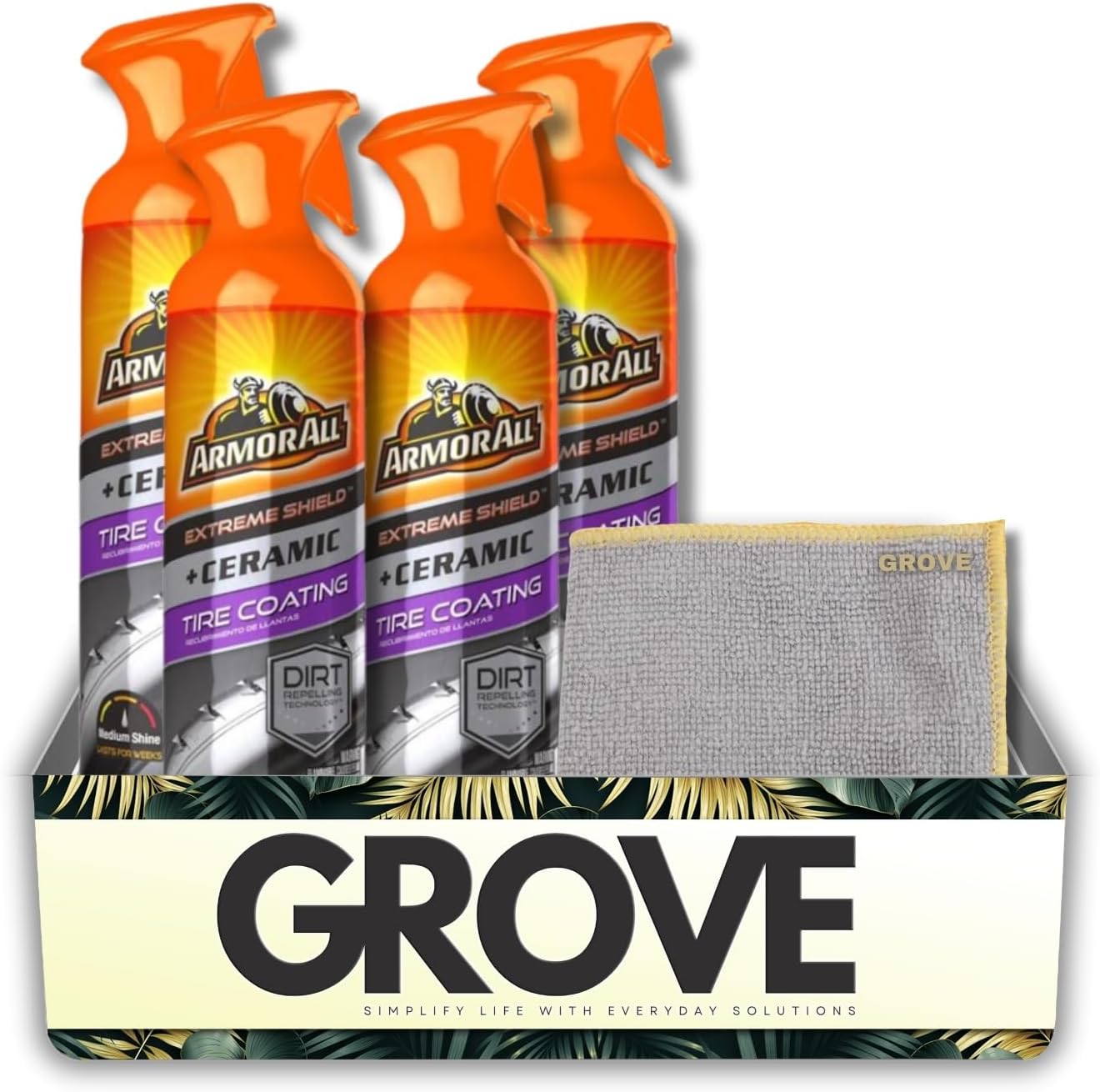 4x Tire Coating by Extreme Shield + Ceramic 16 oz Bundle with Microfiber Cloth – SiO₂ Aerosol Tire-Dressing Repels Dirt for a Clean, Even Car Tire Shine Spray Finish – Gift Set (5 Items)