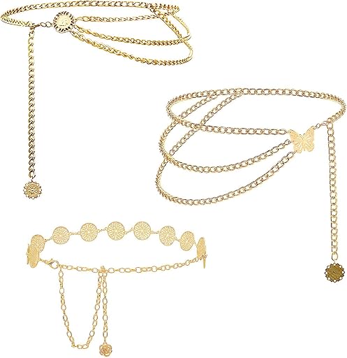3 Pcs Gold Chain Belt for Women, Adjustable Waist Chain with Clover Butterfly Disc Pendants, Body Jewelry, Boho Belts for Women, Summer Beach Party