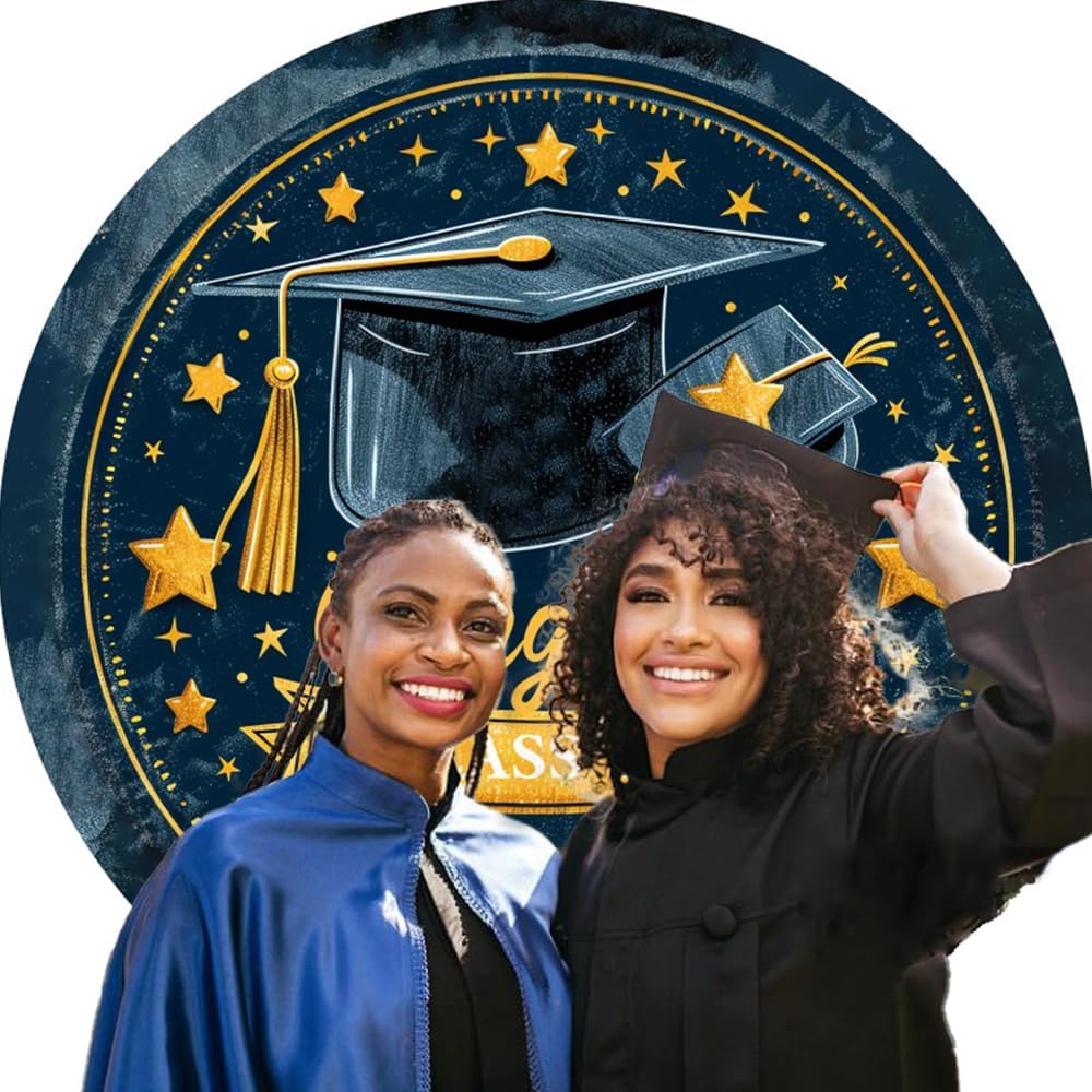 7.2ft Graduation Round Backdrop Cover Blue and Gold Class of 2026 Circle Backdrop for Photoshoot Congrats Grad Photography Background for Graduations Party Decorations Photo Props