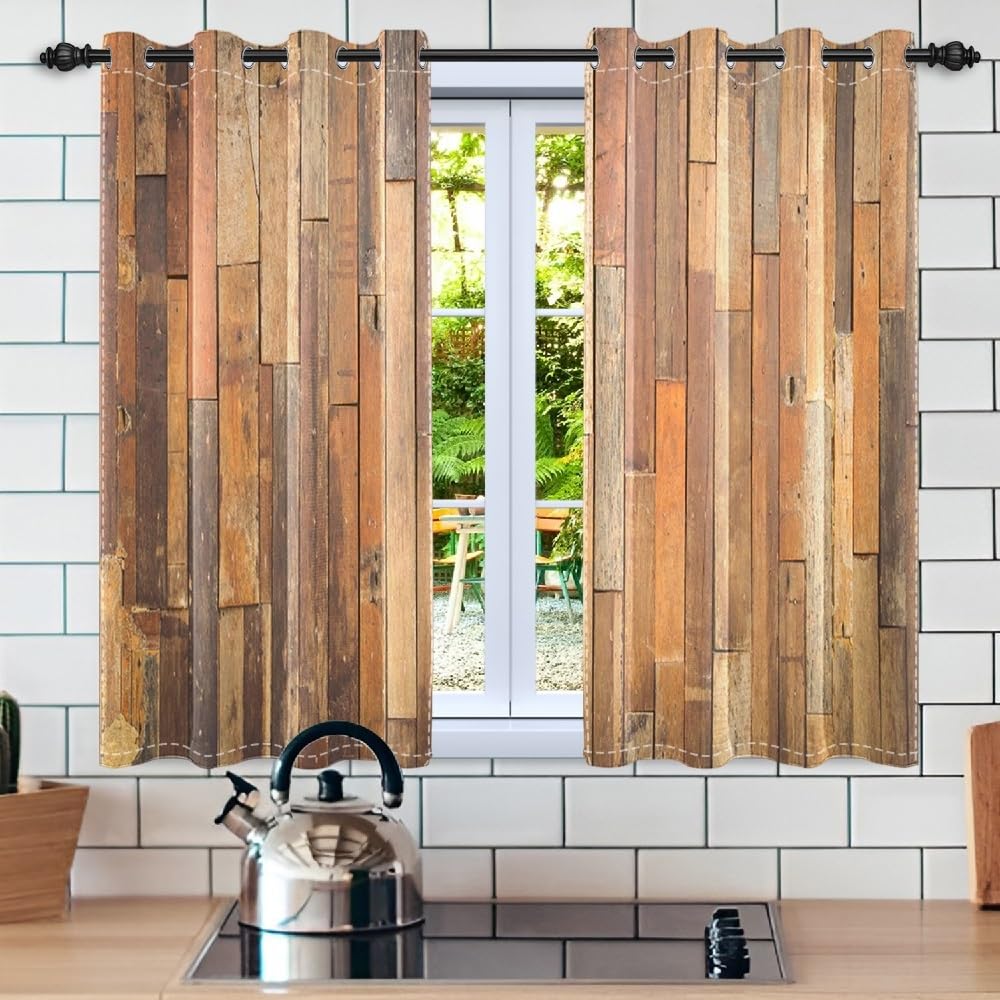LB Rustic Barn Door Window Curtain Panels,Vintage Wooden Farmhouse Brown Wood Window Curtain For Kitchen Living Room Bedroom Bathroom Blackout Window Treatment Drapes 2 Panels,52 X 63 Inches - View #9