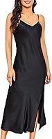 Alcea Rosea Women's Sexy Satin Slip Nightgown - V-Neck Midi Dress with High Slit, Adjustable Straps & Open Back Lingerie
