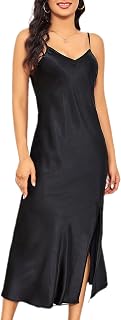 Alcea Rosea Women's Sexy Satin Slip Nightgown - V-Neck Midi Dress with High Slit, Adjustable Straps & Open Back Lingerie