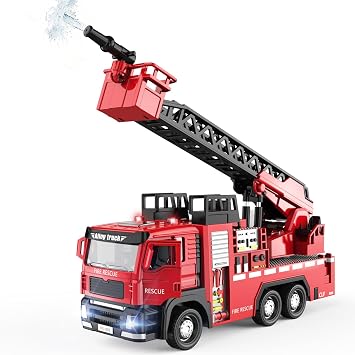 150 Die-Cast Fire Ladder Truck, 12in Extendable Ladder with Water Spray, Openable car Door, Lights Sounds, Pull-Back Rescue Toy with Rotating Platform for Kids 3-9