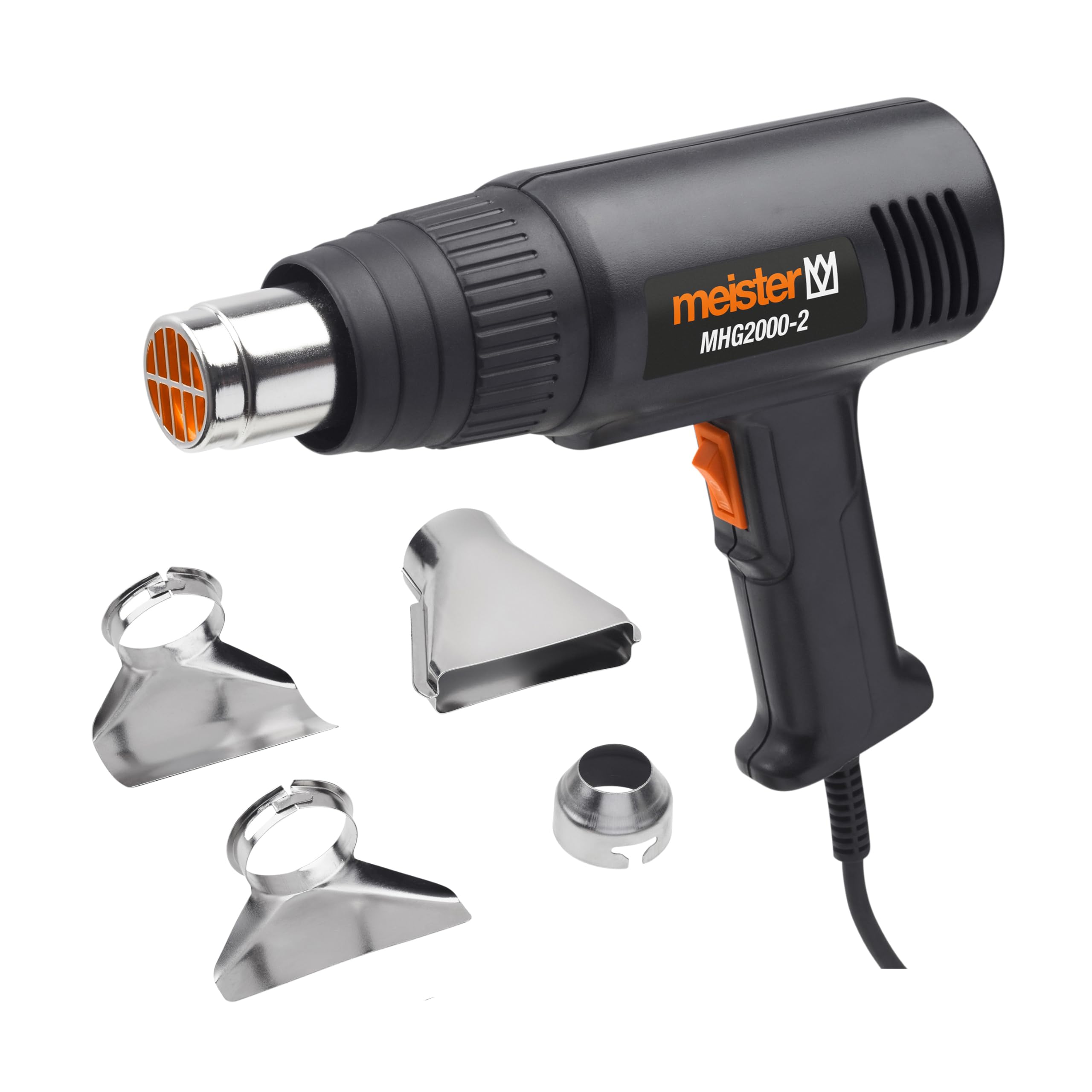 Meister MHG2000-2 Pistolet à air chaud 2 000 W Pour de nombreuses applications de bricolage et professionnelles Réglage de la température 350 à 550 °C Avec 4 buses