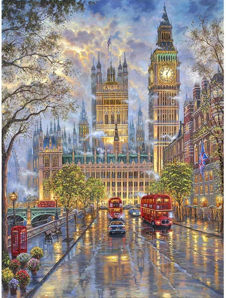 Gooder 5D Diamond Painting Set London Street Cross Stitch Rhinestone Decoration Round Drill Diamond Art Painting Kits for Home Wall Decor Adults and Kids 50 X 40 CM