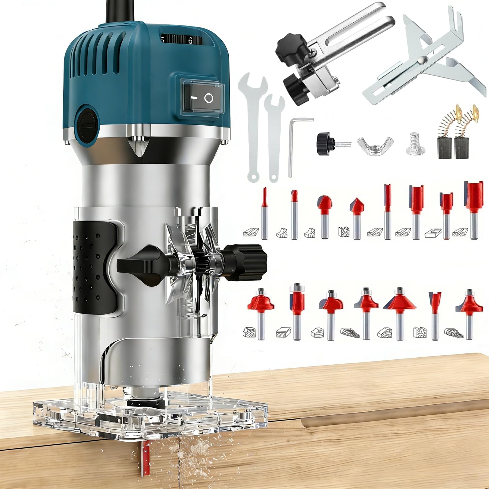 Einhandfräse 800W, 30000 U/min Holzfräse Oberfräse, 6,35mm Durchmesser, Hand Fräsmaschine mit 6 Variable Geschwindigkeite, Kantenfräse für Holz, mit 15 Stück Fräser Set