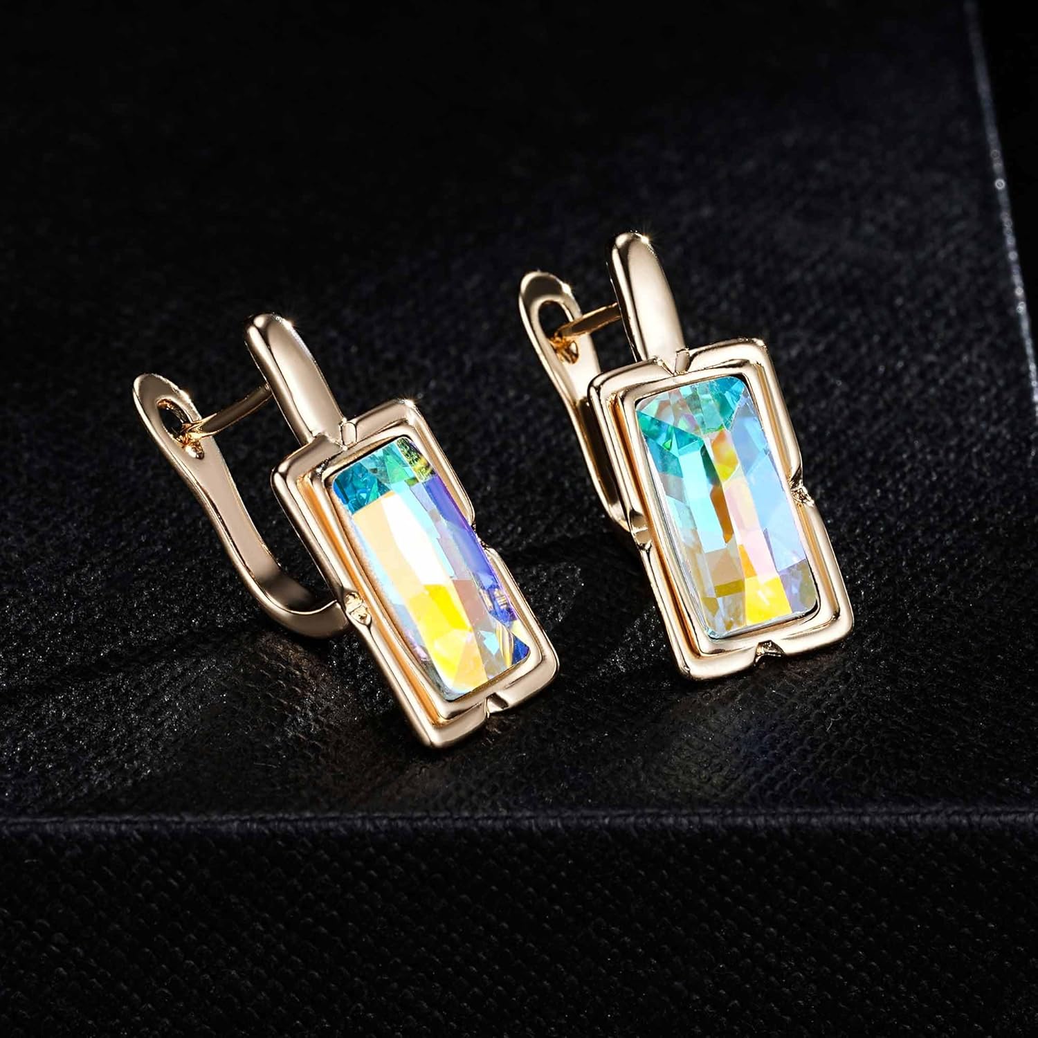 EVEVIC Austrian Crystal Leverback Earrings for Women Baguette Crystal Drop Earrings 14K Rose Gold Plated Hypoallergenic Jewelry Gift - Image 5