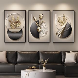 Large Framed Modern Elegant Wall Art for Living Room, 3 Piece Black and ...