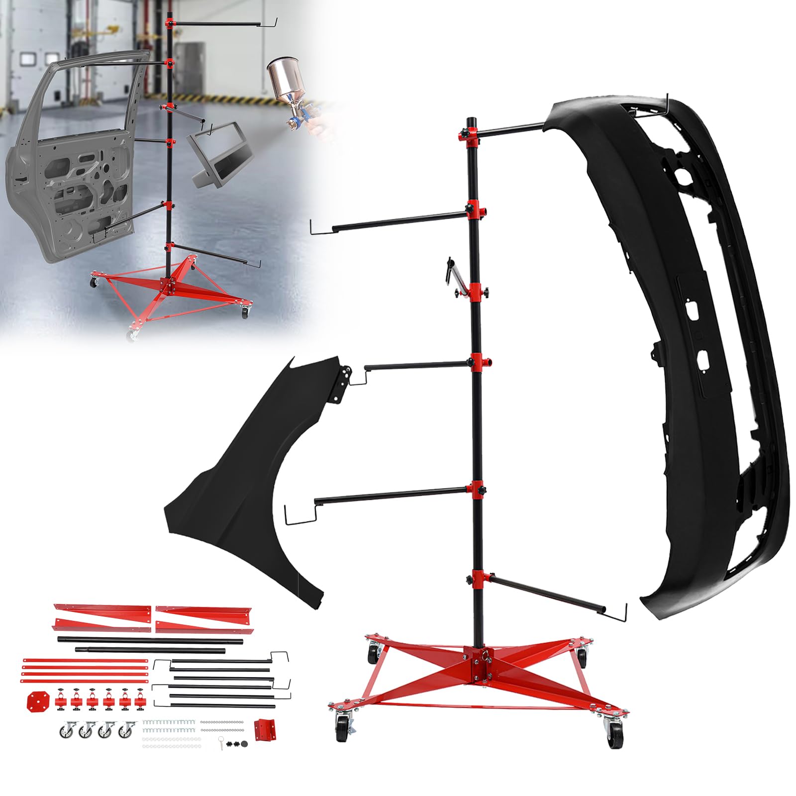 LYNICESHOP Panel Tree Paint Stand, Adjustable Center Post Panel Holder for Automotive Doors, Fenders, Bumpers with 6 Hooks & 4 Wheels, Heavy Duty Red