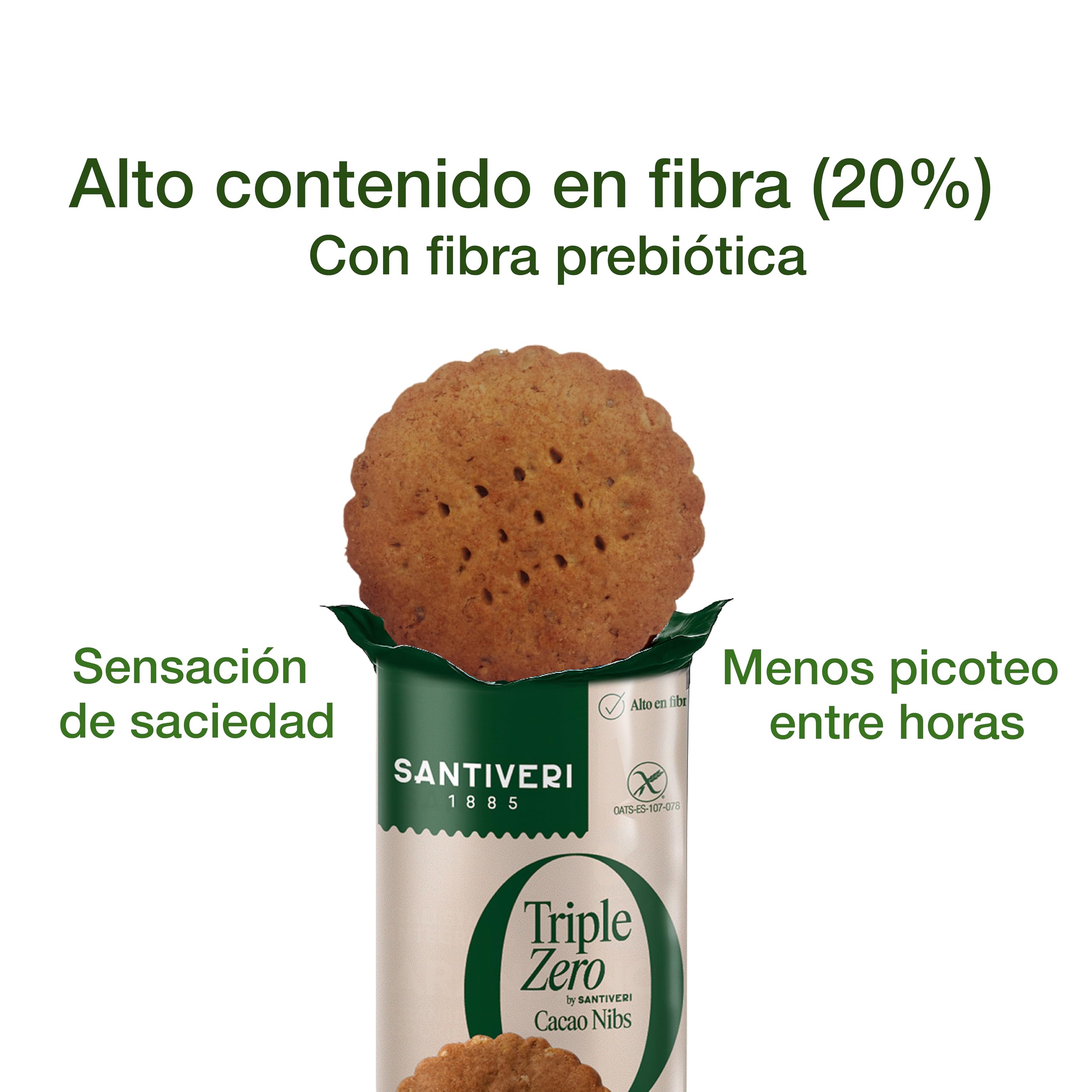 SANTIVERI Galletas Nibs Cacao Triple Zero, Galletas Crujientes con Avena Integral y Cacao, Altas en Fibra, Sin Azúcar Añadido, Vegano - 210 g