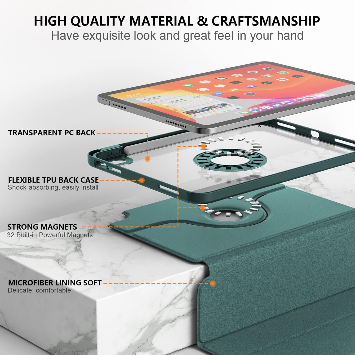Case for iPad A16 11th Generation 11 inch 2025, iPad 10th Generation 10.9 Inch 2022 with Built-in Pencil Holder Cover with Detachable Clear Back Shell A2696 A2757 Auto Wake/Sleep,Dark Green