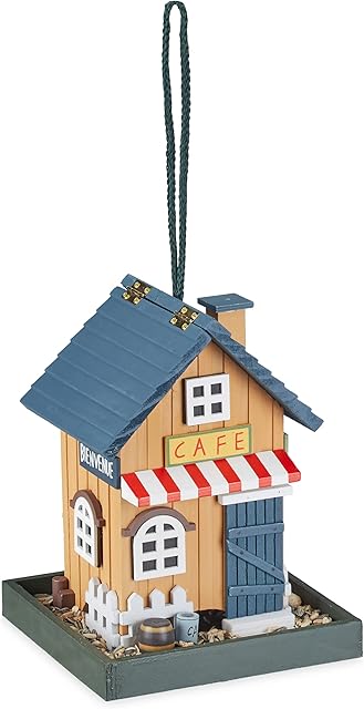 Relaxdays Wooden Bird Feeder for Hanging Café, Country House, H x D 23.5 x 18 x 18 cm, Multi-Coloured