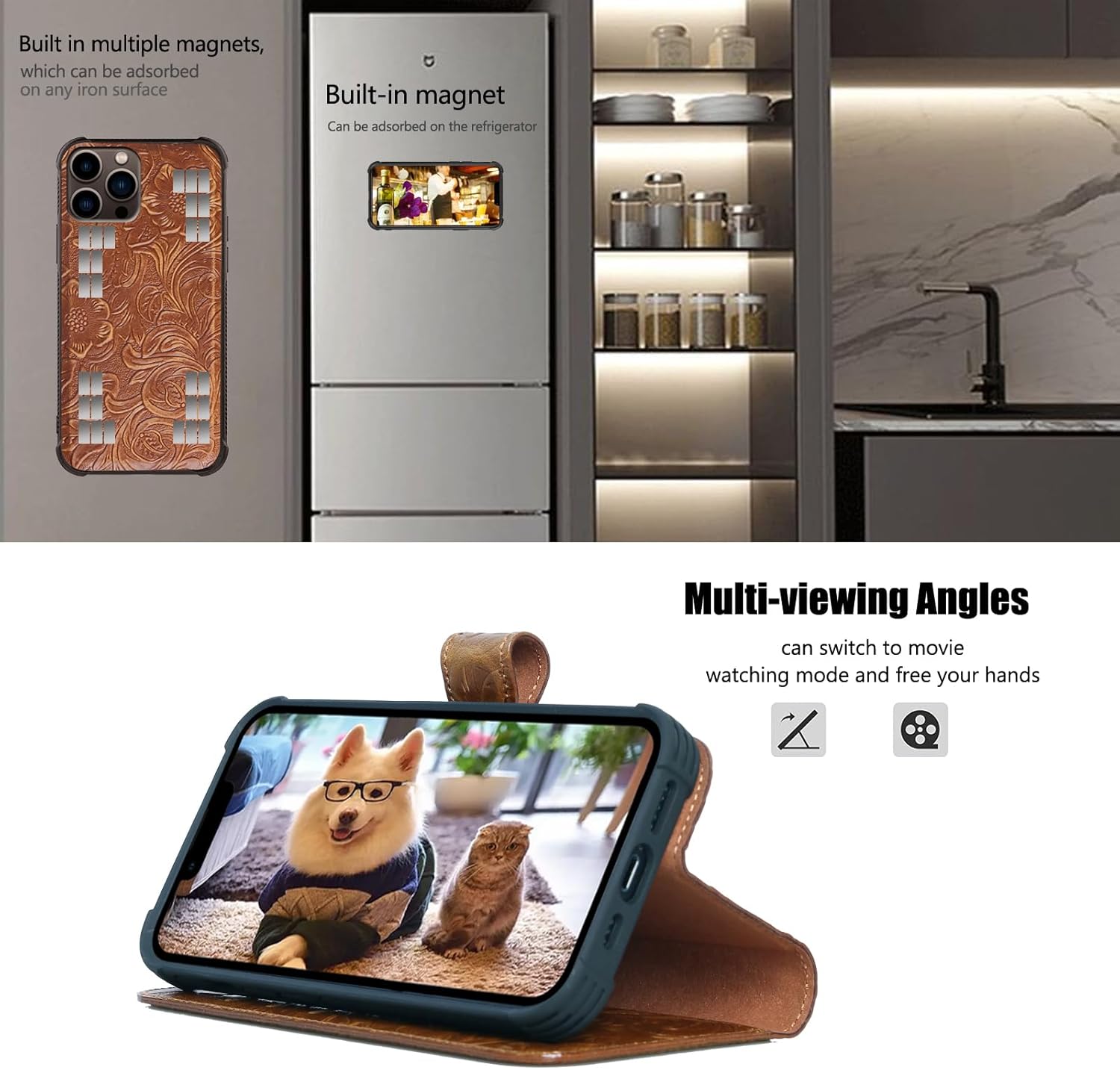 Leather Case Compatible with iPhone14 Pro Max Wallet 6.7",Genuine Leather 2-in-1 Magnetic Detachable Shockproof Case,Flip Folio Cover with Card Slot, Wireless Charging [RFID Blocking] Brown - Image 3