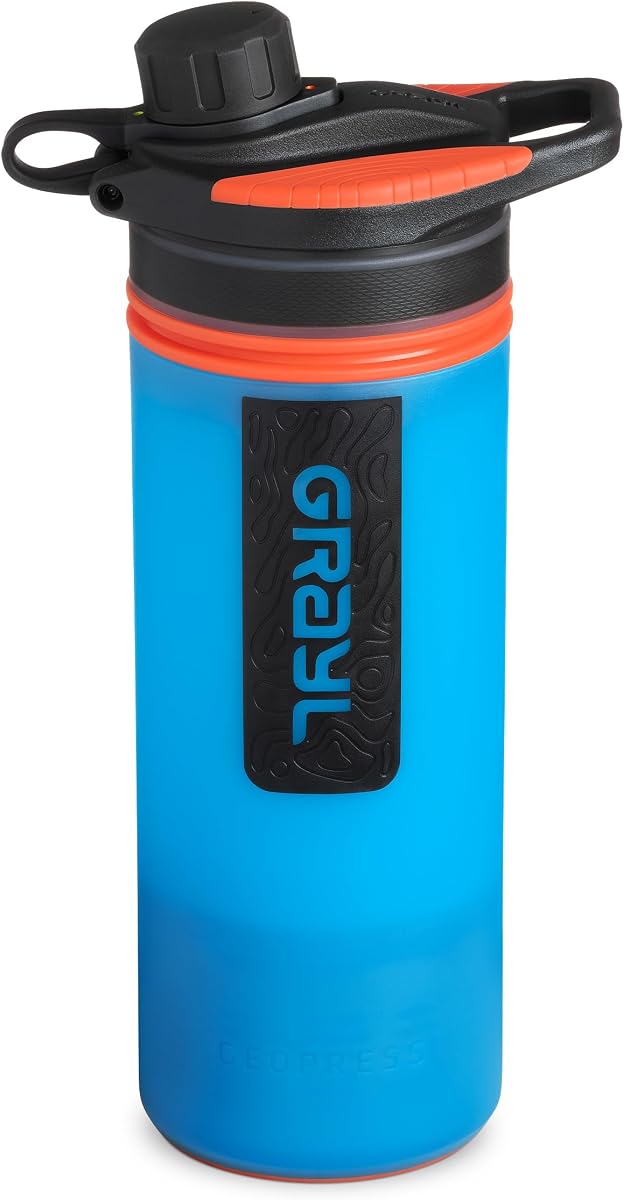 GeoPress Botella de filtro de agua y purificador de agua de 24 oz, azul Bali | Purifica y filtra agua en 8 segundos para caminatas, mochileros, campamentos, supervivencia y viajes, elimina virus y bacterias