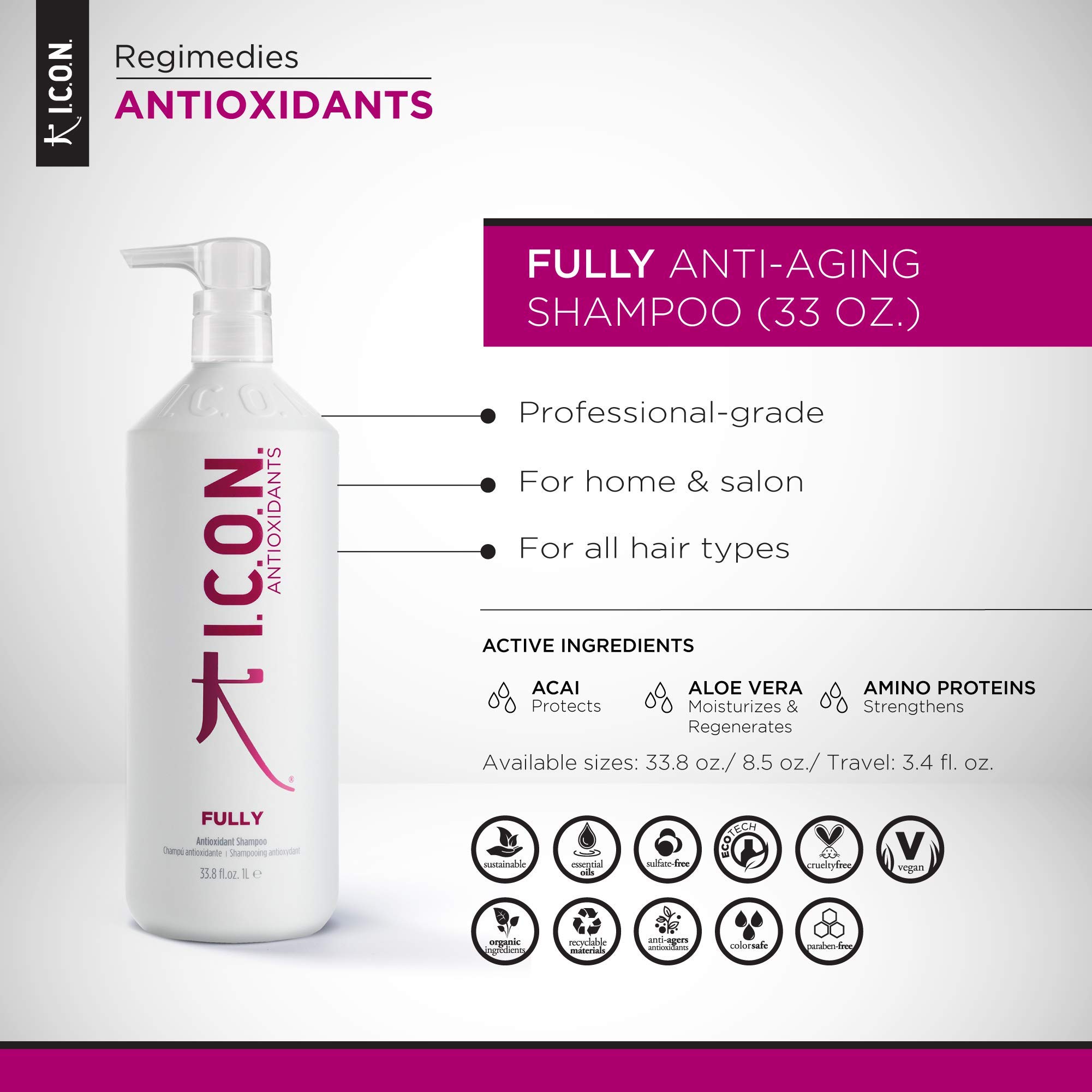 I.C.O.N. Fully Champú Antioxidante Voluminizador Cabello Fino, 1 L | Fórmula antioxidante con aloe vera y proteínas de arroz que fortalecen, hidratan y aportan cuerpo al cabello.