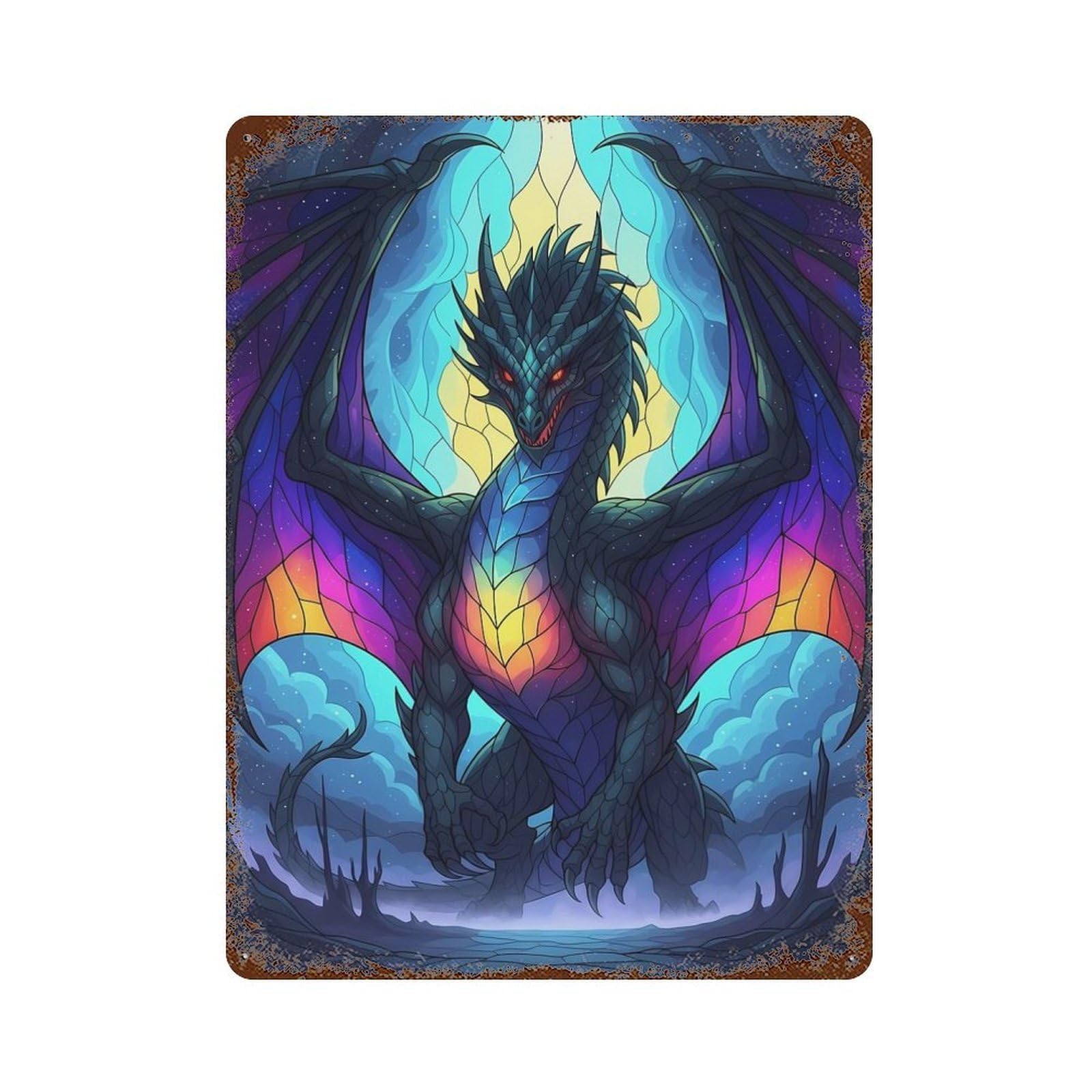 Stained Glass Dragon with Colorful Wings Aged Metal Wall Plaque 15.7"x11.8", Industrial Home Decor for Pub, Kitchen And Man Cave Decor