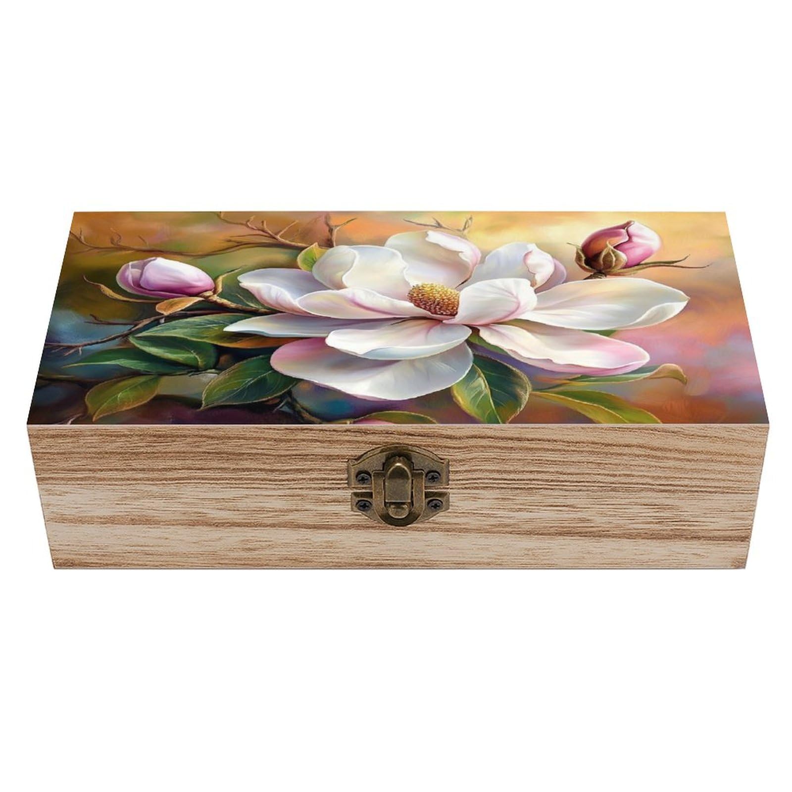 Ahdyr As Pic Blooming Magnolia Flower Wooden Storage Box With Hinged Lid And Front Clasp Large Keepsake Box