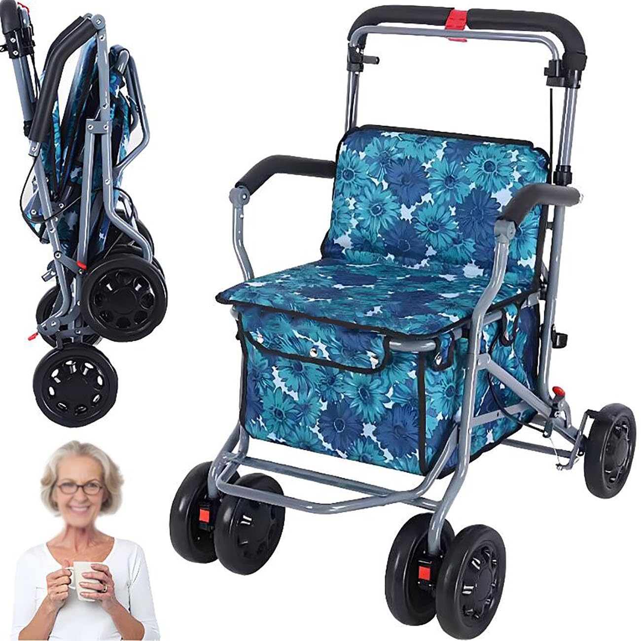 Rolling Walker z siedziskiem, składany wózek na zakupy dla seniorów, obrotowe koła 360° i hamulce, nośność 99 kg