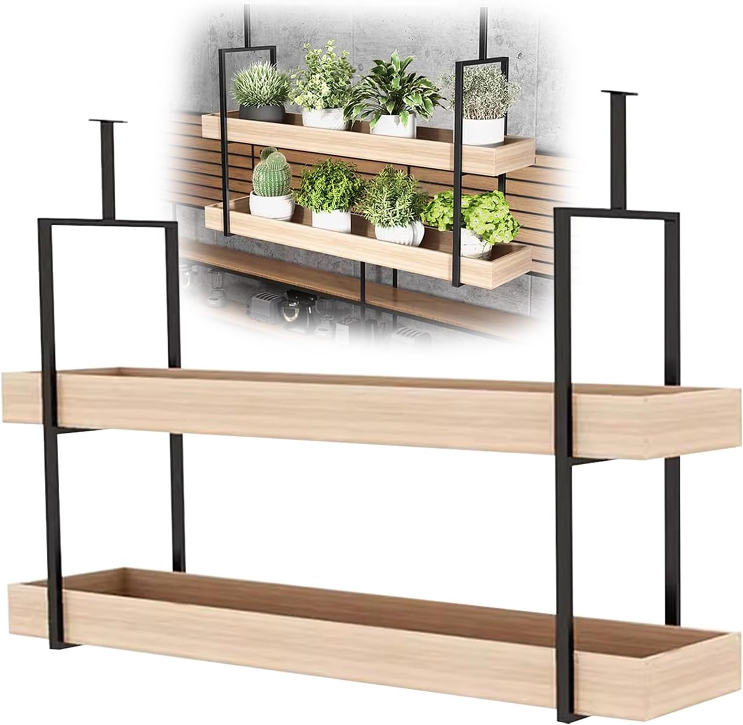 Wood Color Creative Hanging Plant Rack and Stand with Solid Wood Board and Iron Frame - Hanging Flower Pot Storage Holder for Bar, Shop, Balcony, Flower Shop