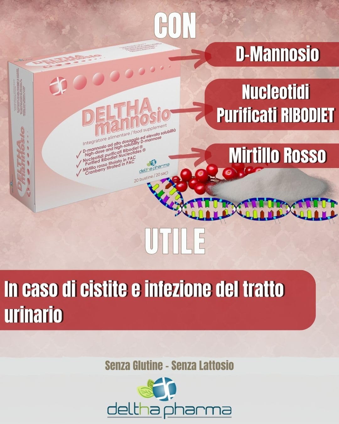 Deltha Mannosio Integratore Alimentare di D-mannosio Puro Ad Alto Dosaggio 1000 Mg, Nucleotidi e Mirtillo Rosso (cranberry) - 20 Bst, color Bianco, 656 ml