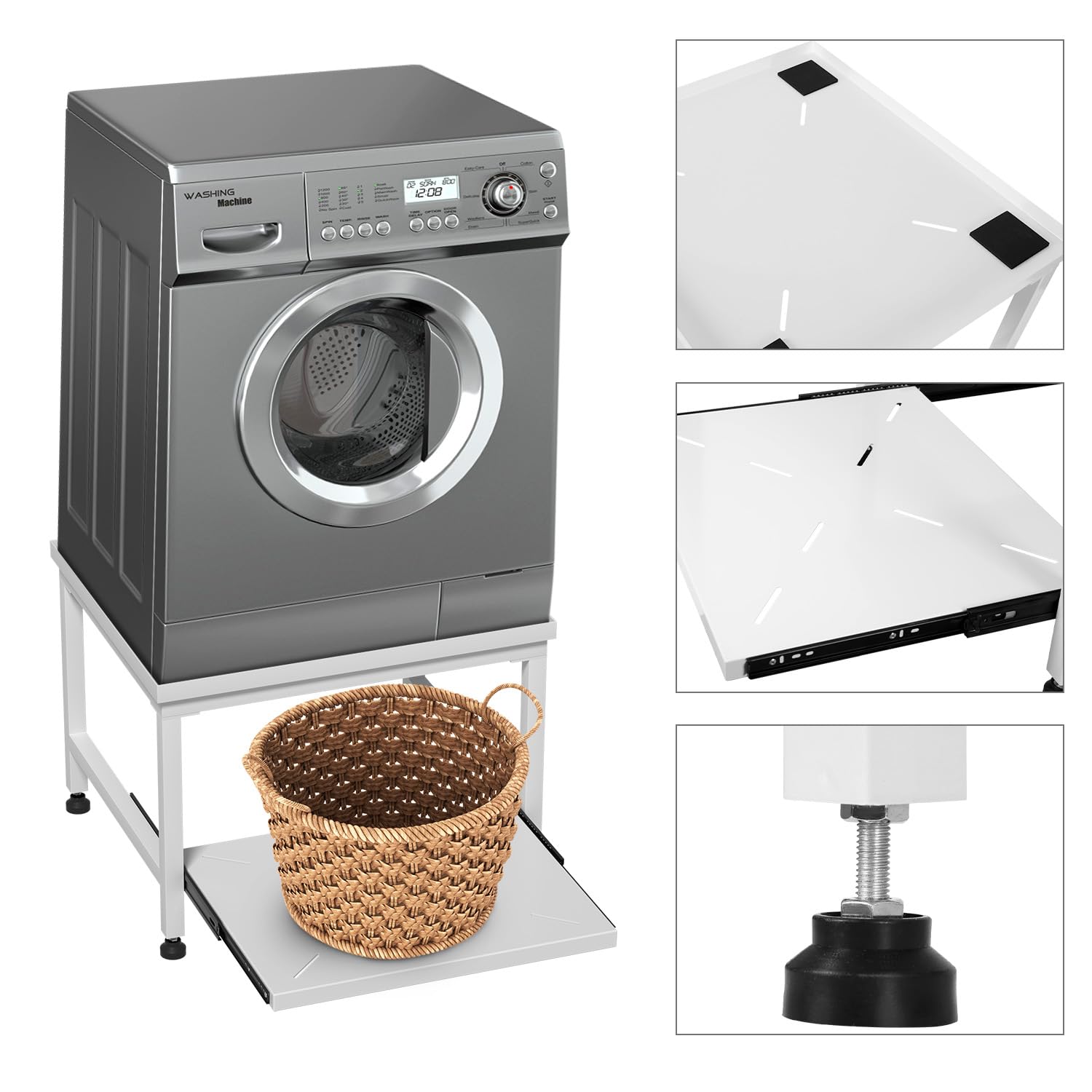 Herrselsam Soporte para lavadora con cajón, 45,5 cm de altura, capacidad de carga de 200 kg, soporte con patas ajustables y almohadillas antivibraciones, pedestal para secadora, frigorífico, lavadora